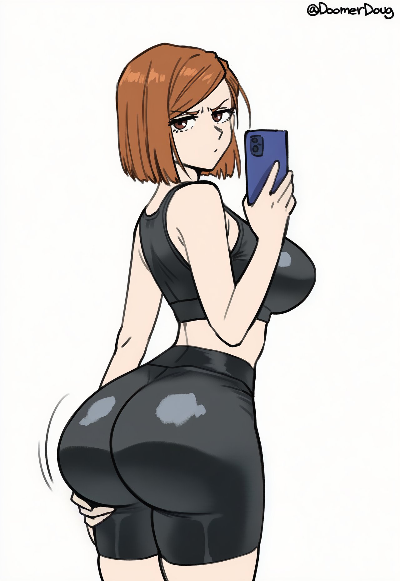 ai assisted, ai generated, anime, asian, asian female, ass, athletic, athletic female, auburn hair, auburn-haired female, big ass, big ass (female), big breasts, big butt, big butt (female), breasts, brown eyes, brown eyes female, brown-eyed female, doomerdoug, exercise clothing, female, female focus, female only, fit, fit female, japanese, japanese female, jujutsu kaisen, kugisaki nobara, large ass, large boobs, large breasts, large butt, light skin, light-skinned female, looking at viewer, looking back, looking back at viewer, manga, nobara kugisaki, smartphone, solo, solo female, solo focus, toned, toned female