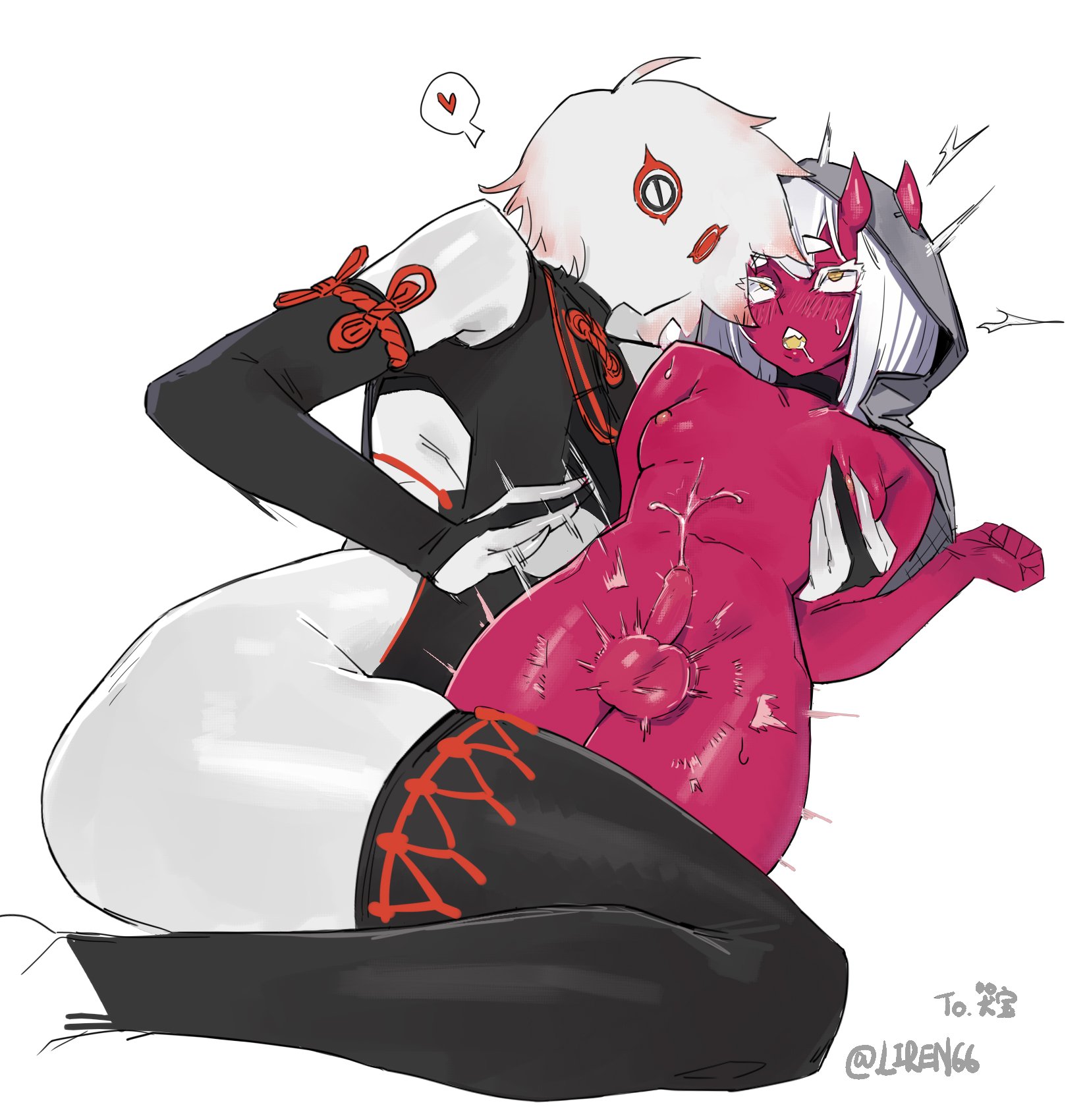 1boy, 1girls, 2d, balls spanking, blush, blush lines, blushing male, choker, clothed female, clothed female nude male, color, digital media (artwork), ejaculation, eyes rolling back, female, femboy, femboy on female, grabbing, heart, heart symbol, hood, horn, horns, larger dom smaller sub, larger female, leg sleeves, leotard, liren44, motion lines, mouthless, mouthless female, open mouth, penis, plain background, red eyes, shake lines, short hair, short hair female, testicles, thighs, tremble spikes, white background, white body, white hair