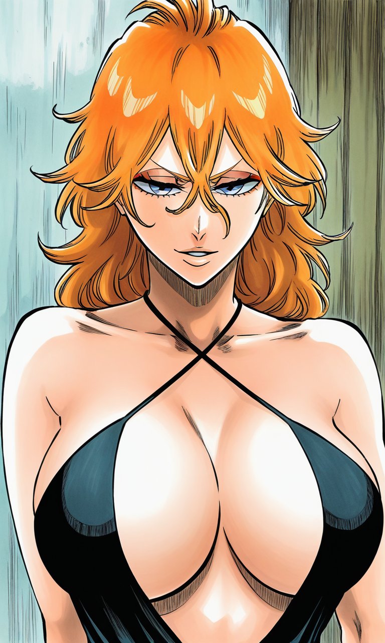 1girls, ai generated, big breasts, black clover, black dress, black hair, blue eyes, curvy, curvy female, curvy figure, dress, eyeshadow, female, female only, huge breasts, kyoru189, light skin, light-skinned female, looking at viewer, mature female, mereoleona vermillion, milf, orange hair, red eyeshadow, solo, solo female, tite kubo style
