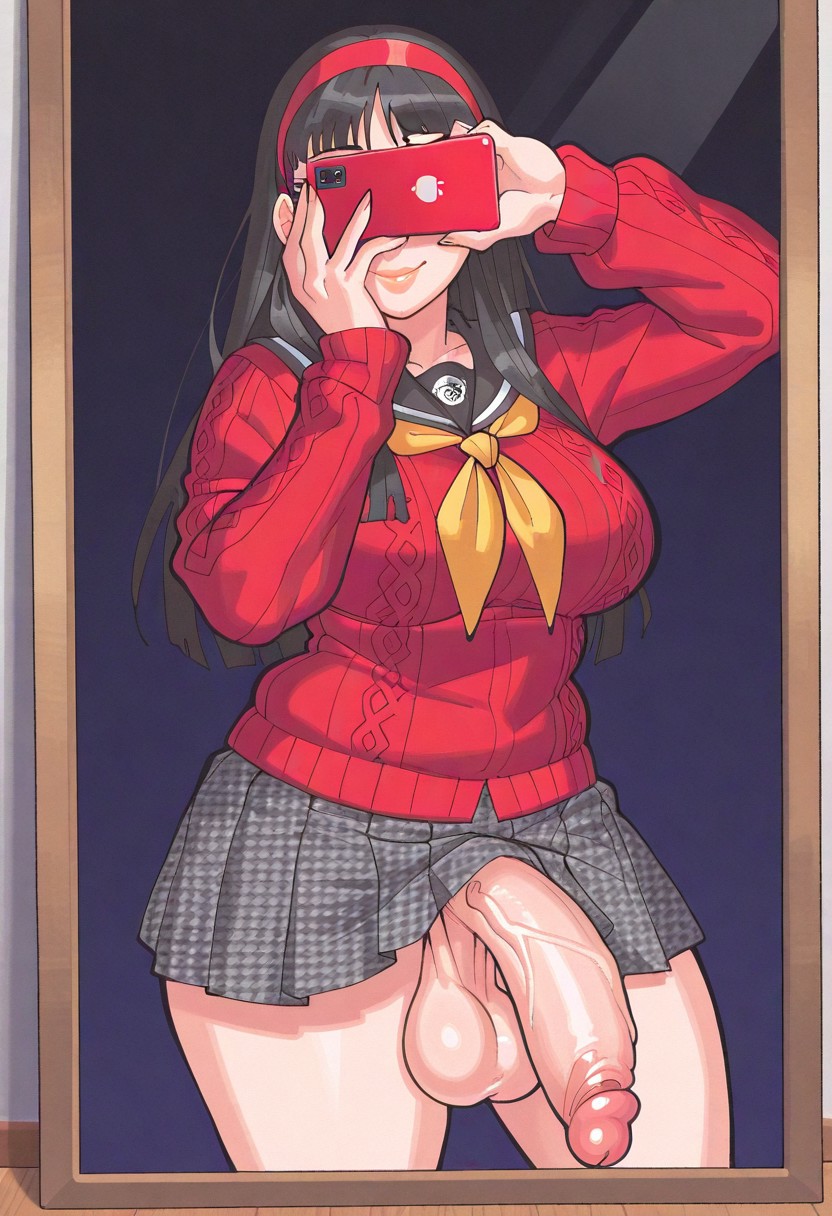 ai generated, amagi yukiko, balls, futa only, futanari, going commando, huge cock, majorhooky, penis, penis under skirt, persona, persona 4, selfie, skirt, taking picture, taking selfie, uniform