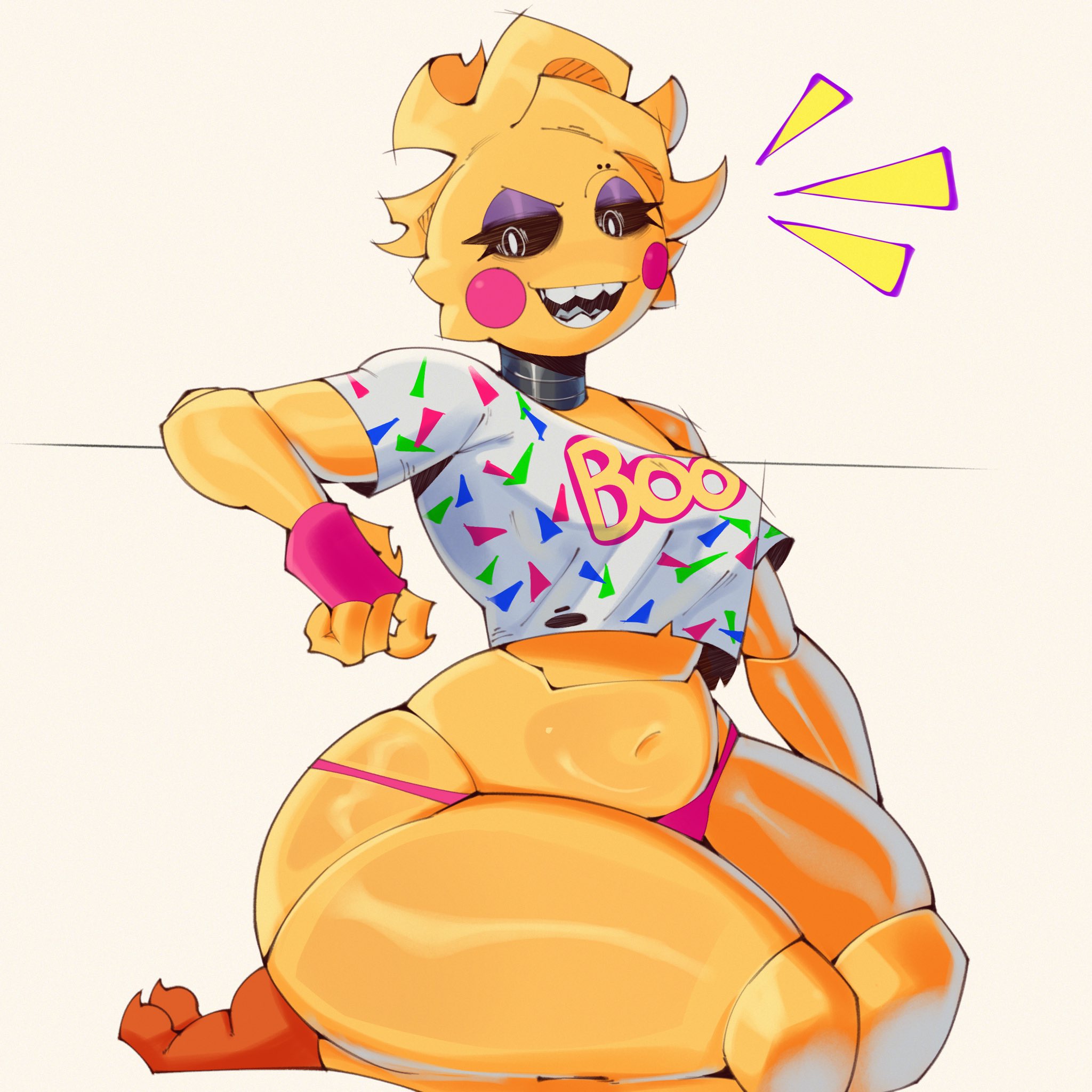 1girl, animatronic, anthro, ass focus, big ass, big breasts, bikini bottom, bird girl, black eyes, breasts, chicken girl, colorful shirt, crop top, curvy, exposed midsection, female, five nights at freddy's, five nights at freddys, fnaf, grin, huge ass, huge breasts, large breasts, leaning back, mechanical, metal collar, midriff, neck bolt, pink bikini, pink cheeks, pink panties, pink wristband, purple eyeshadow,, robot, sharp teeth, shiny skin, sitting, smiling, smug, solo, tail, talons tw, thick thighs, toy chica, toy chica (fnaf), white pupils, white shirt, wide hips, yellow body, yellow skin