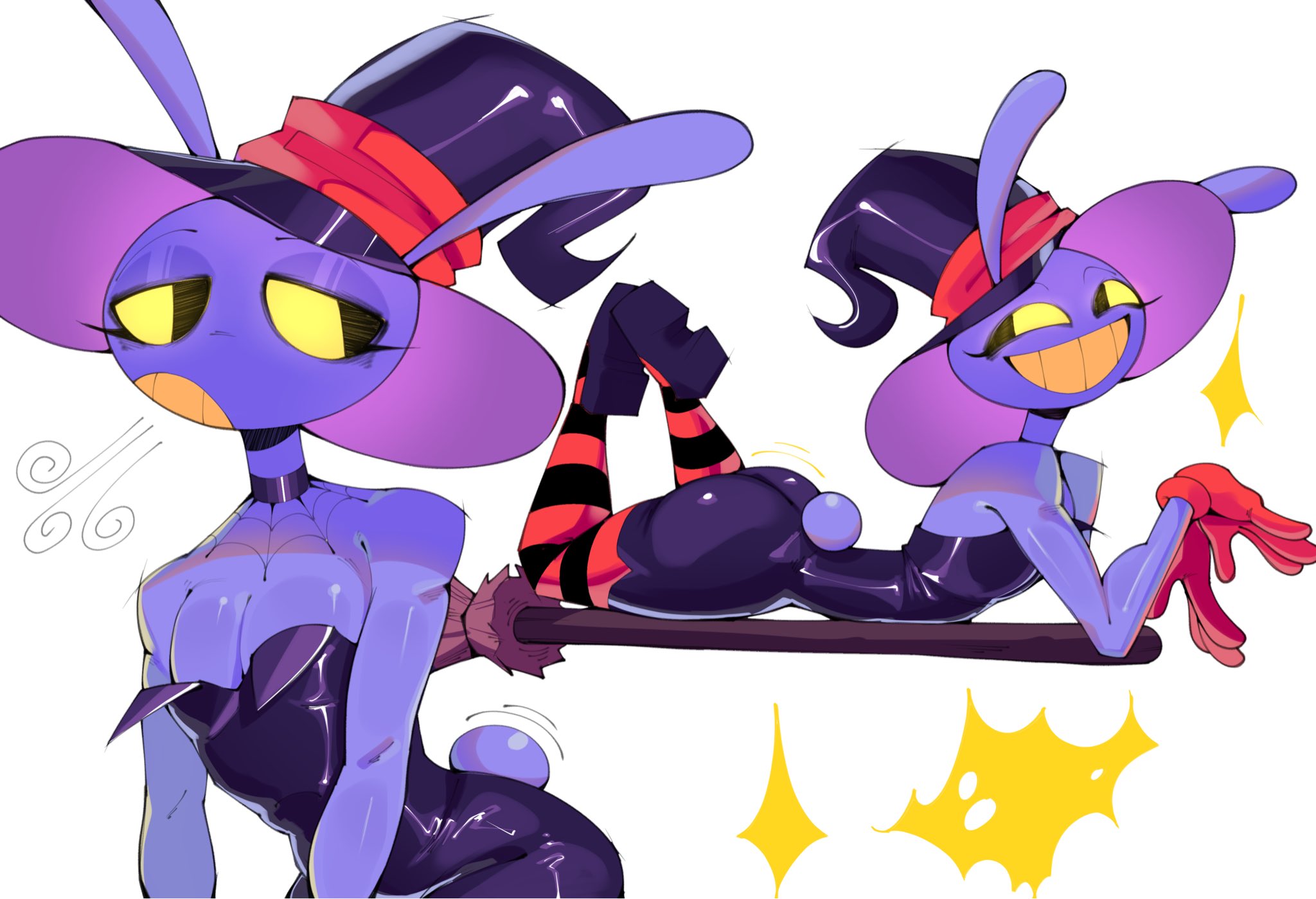 1boy, 1boys, anthro, ass focus, big ass, big eyes, big teeth, breasts, broom, bunny boy, bunny ears, bunny tail, crossdressing, curvy, duo, ears through headwear, fanart, femboy, gloves, grin, jax (the amazing digital circus), latex, legs up, long ears, lying on stomach, male, male focus, male only, no background, non-human, non-human only, purple fur, purple skin, purple top hat, rabbit, red band, red gloves, riding broom, sharp teeth, shiny clothes, shiny skin, small tail, smiling, smug, solo, solo focus, solo male, sparkles, striped legwear, striped thighhighs, sweatdrop, tadc, talons tw, the amazing digital circus, thick thighs, tight clothing, top hat, white background, wide hips, witch hat, year request, yellow eyes