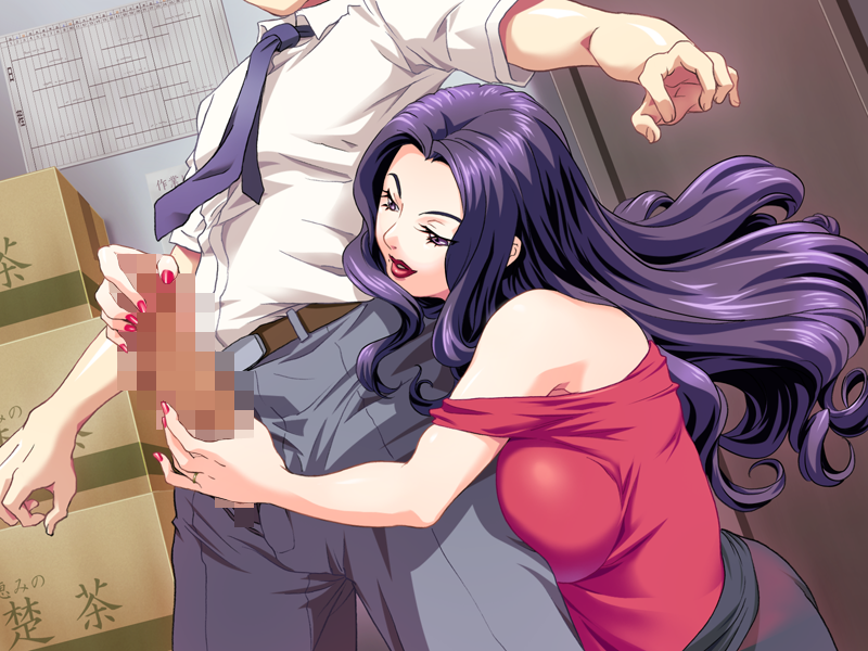 bare_shoulders belt breast_press breasts brown_eyes censored female game_cg handjob hitozuma_gui:_manbiki_g-man_chijoku_nikki huge_breasts jumari long_hair necktie penis purple_hair smile standing