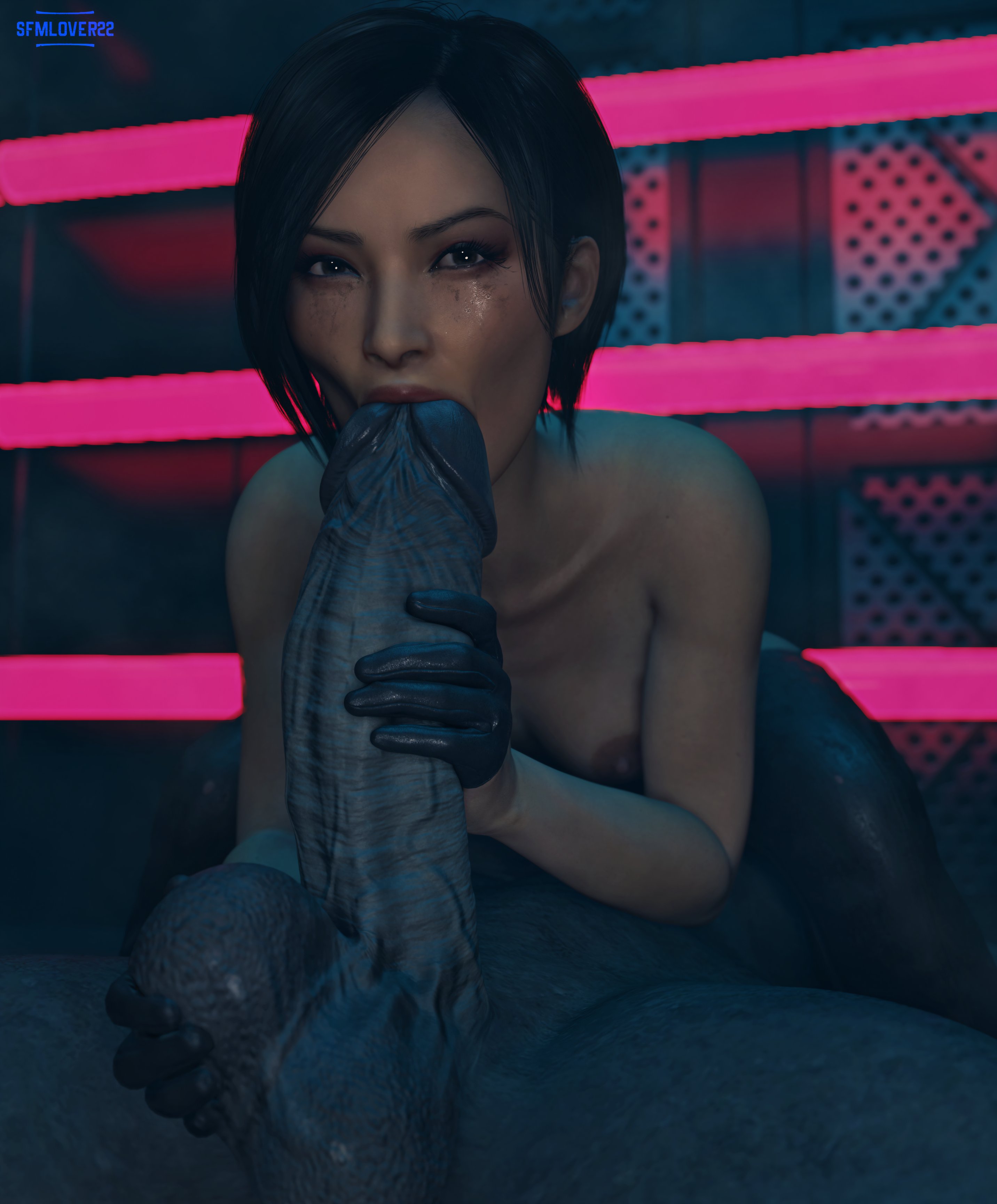 3d, 69, ada wong, ada wong (adriana), black gloves, blowjob, erect penis, female, gloved handjob, gloves, hand on balls, hand on penis, handjob, handjob while sucking, handjob with gloves, holding balls, holding penis, huge penis, just the tip, leather gloves, lips, lips on penis, looking at viewer, love, lovers, male, monster on female, mr x, resident evil, sfmlover22, size difference, tagme, testicles, topless, touching penis, veiny penis
