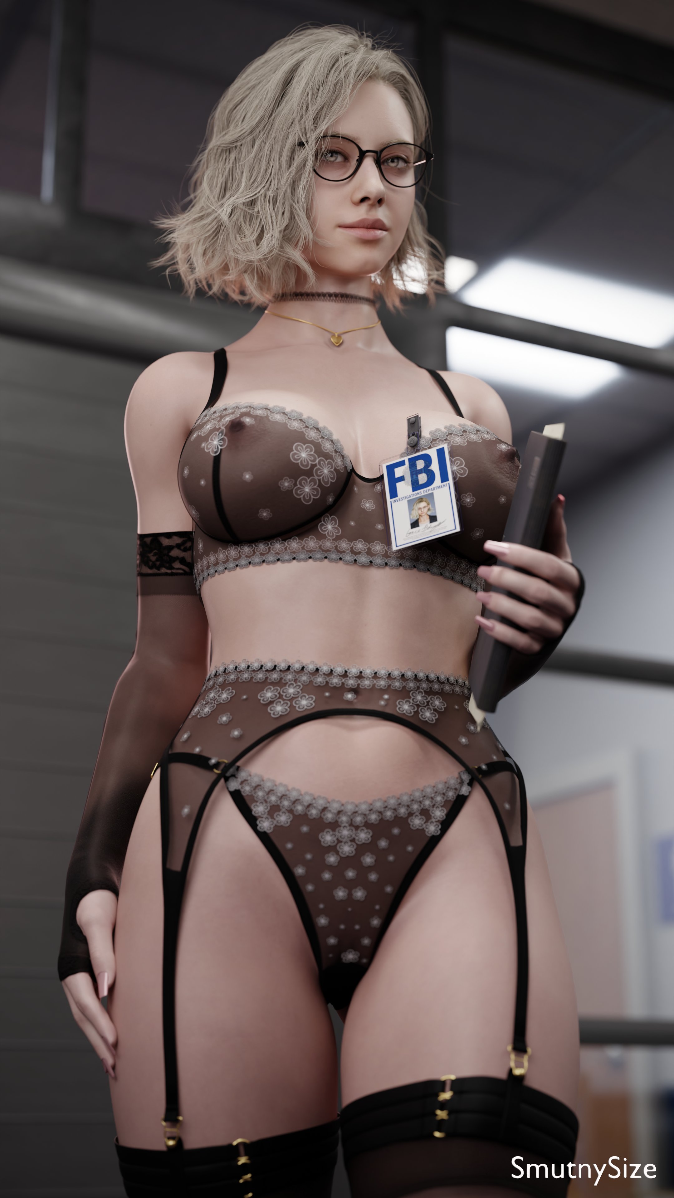 3d, blonde hair, blue eyes, bra, busty, choker, clothing, female, female focus, female only, garter belt, garter straps, glasses, grace ashcroft, hourglass figure, human, id card, lingerie, long fingernails, long nails, necklace, office, office lady, pale skin, panties, resident evil, resident evil 9: requiem, smutnysize, stockings, tagme, thighhighs, wide hips