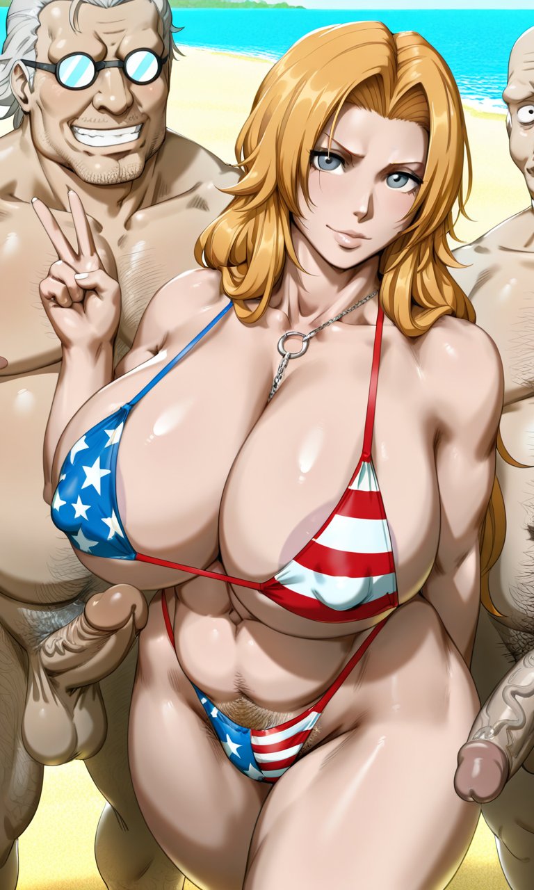 1girls, 2boys, ai generated, american flag bikini, asian female, big breasts, bikini, bleach, bleach: the thousand-year blood war, breasts, curvy, curvy female, curvy figure, erect penis, erection, faceless male, fat male, female, group, huge breasts, kunaboto (style), kyoru189, light skin, light-skinned female, male, matsumoto rangiku, mature female, milf, multiple males, multiple penises, peace sign, penis, pubic hair, solo female, ugly bastard