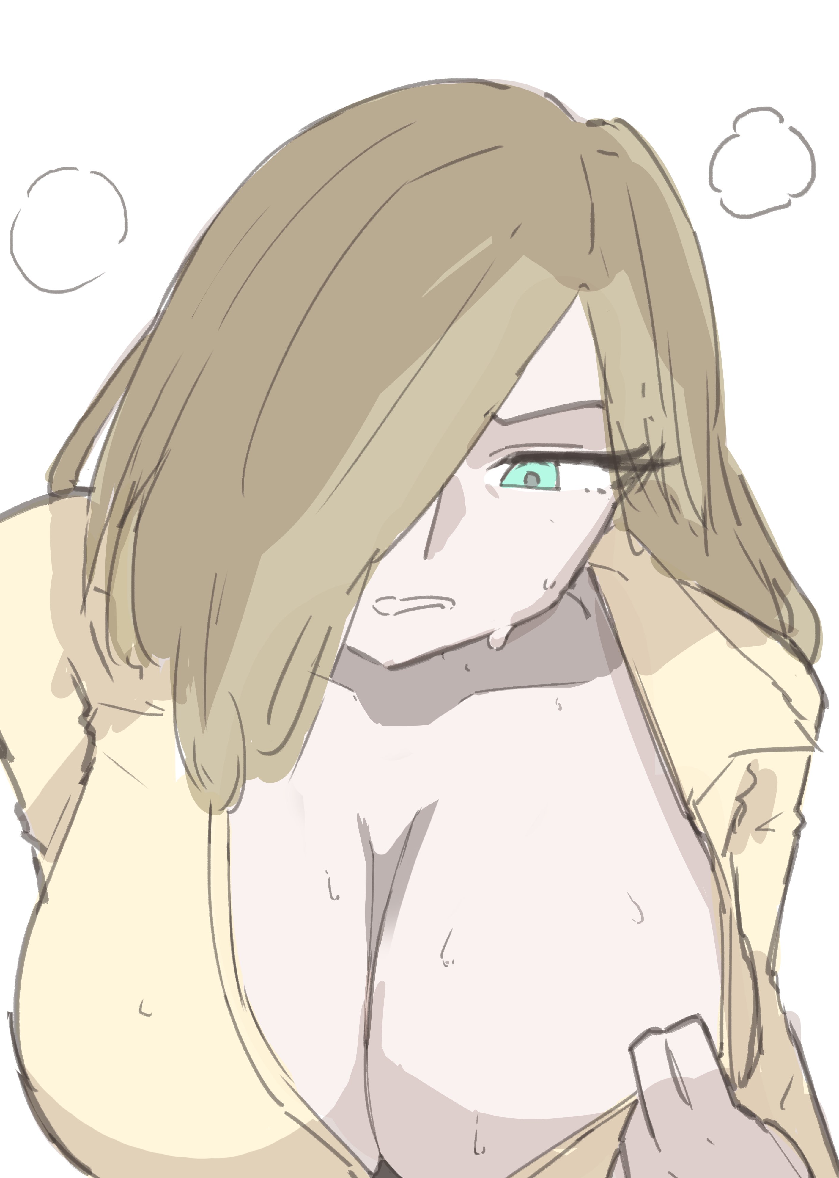 1girls, big breasts, blonde female, blonde hair, green eyes, large breasts, limbus company, no bra, no bra under clothes, project moon, sweat, sweatdrop, sweaty breasts, tagme, tagme (artist), tugging clothing, valencina (limbus company), yellow shirt