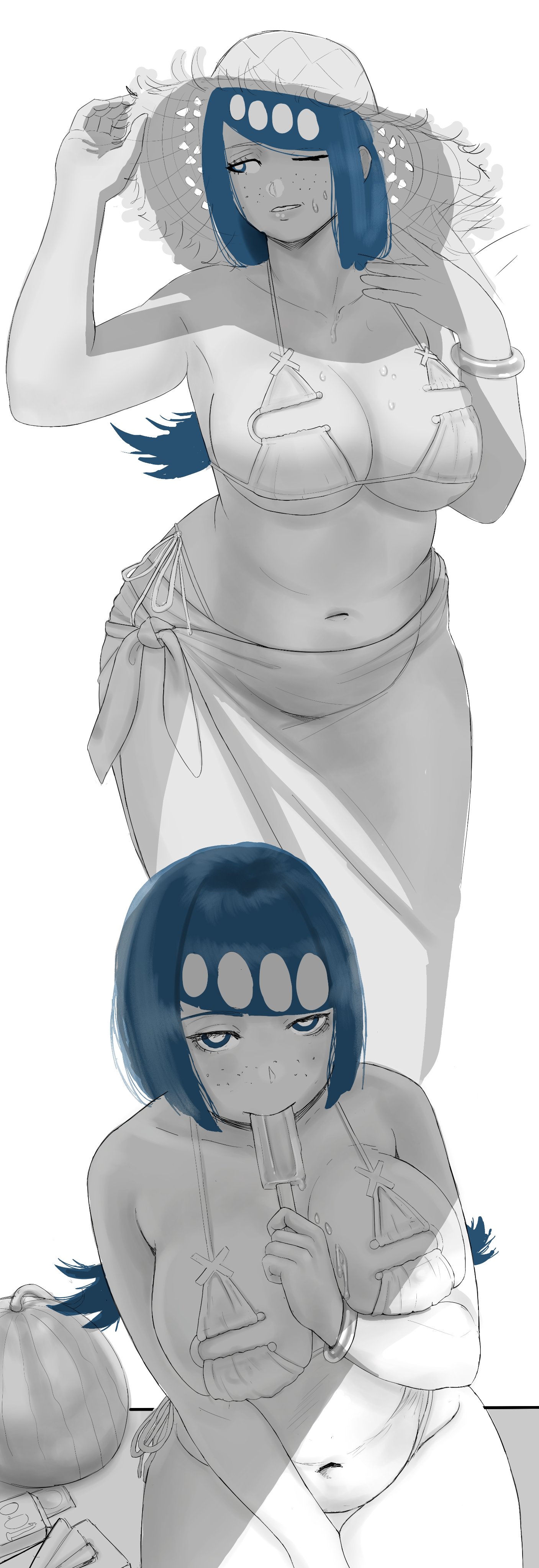 1girls, arm up, armpits, big breasts, bikini, blue eyes, blue hair, breasts, busty, child bearing hips, cleavage, cream on breasts, fanning self, female, female only, florida bikini, food, food in mouth, freckles, hat, highres, lana's mother (pokemon), large breasts, legs, looking at viewer, mature, mature female, mature woman, monochrome, navel, nintendo, parted lips, pokemon, popsicle, popsicle in mouth, pubic hair, pubic hair peek, sarong, seductive, seductive look, sensual, sexually suggestive, sexy, sexy pose, side-tie bikini bottom, sideboob, sitting, sketch, solo, sweat, swimsuit, teeth, thick thighs, thighs, thong bikini, voluptuous