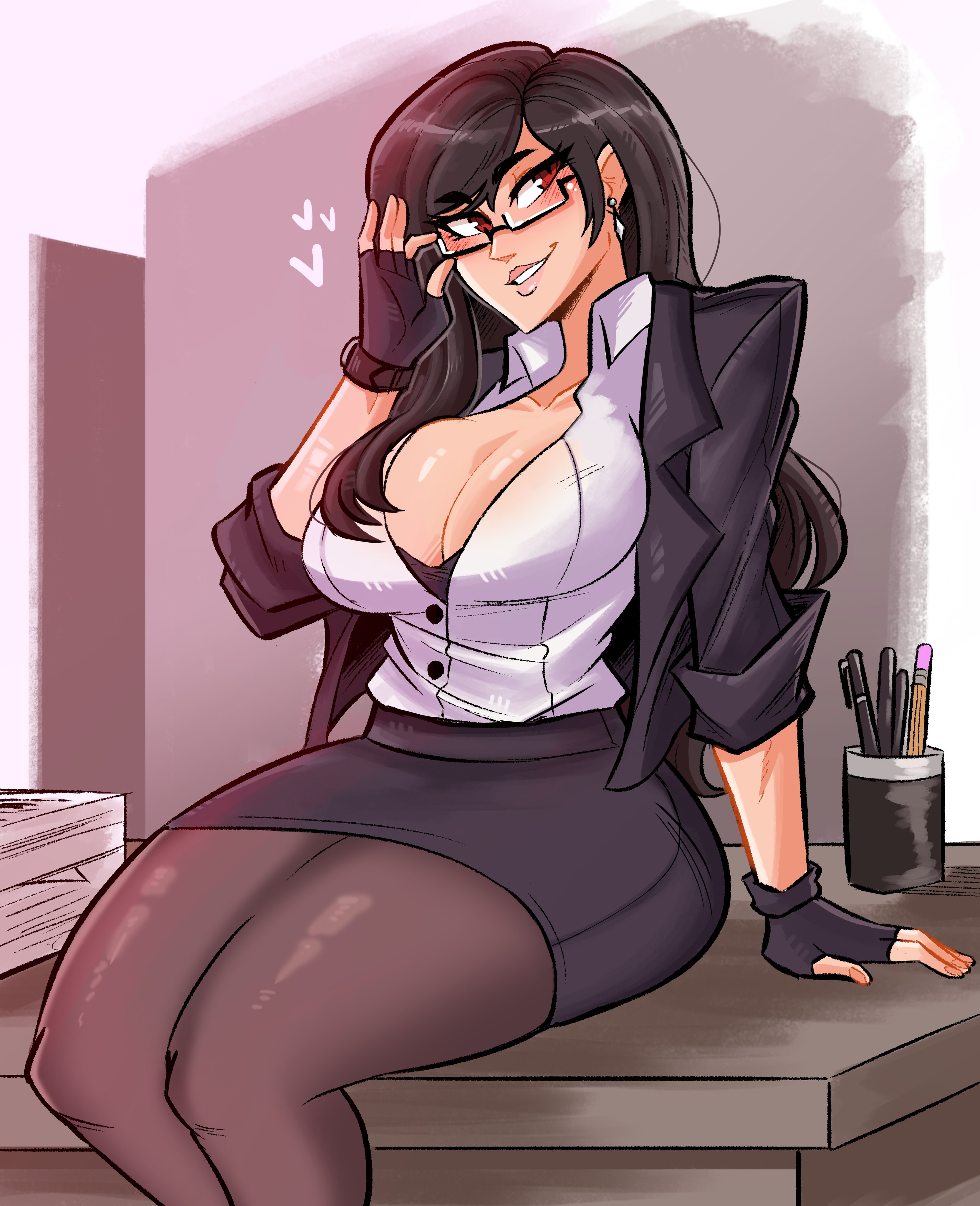 big breasts, bra, breasts, cleavage, clothed, clothes, clothing, curvaceous, curvaceous body, curvaceous female, curvaceous figure, curvaceous hips, curvy, curvy body, curvy female, curvy figure, female, female focus, female only, final fantasy, final fantasy vii, glasses, gloves, hips, jacket, long hair, office, office clothing, office lady, pencil skirt, scruffyturtles, skirt, stockings, thick hips, thick thighs, thighs, tifa lockhart, tight clothes, tight clothing, unbuttoned shirt, wide hips