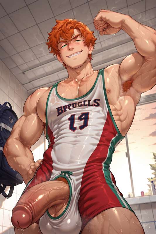 ai generated, athletic, bryce callahan, gay, male, male only, musk, penis through fly, sportswear, sweat, vichzein1, wrestling