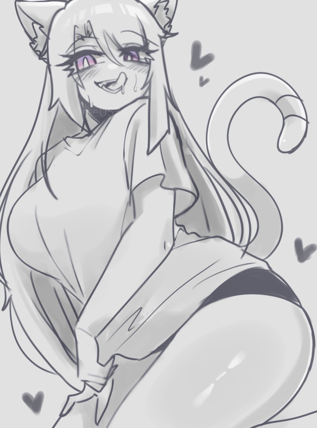 1girls, big breasts, cat ears, cat girl, cat humanoid, cat tail, gray background, heart, huge breasts, huge thighs, long hair, look down, monochrome, oc, original character, pajamas, pink eyes, purple eyes, sana (yume0534), sitting, thighs, tongue, yandere, yume0534