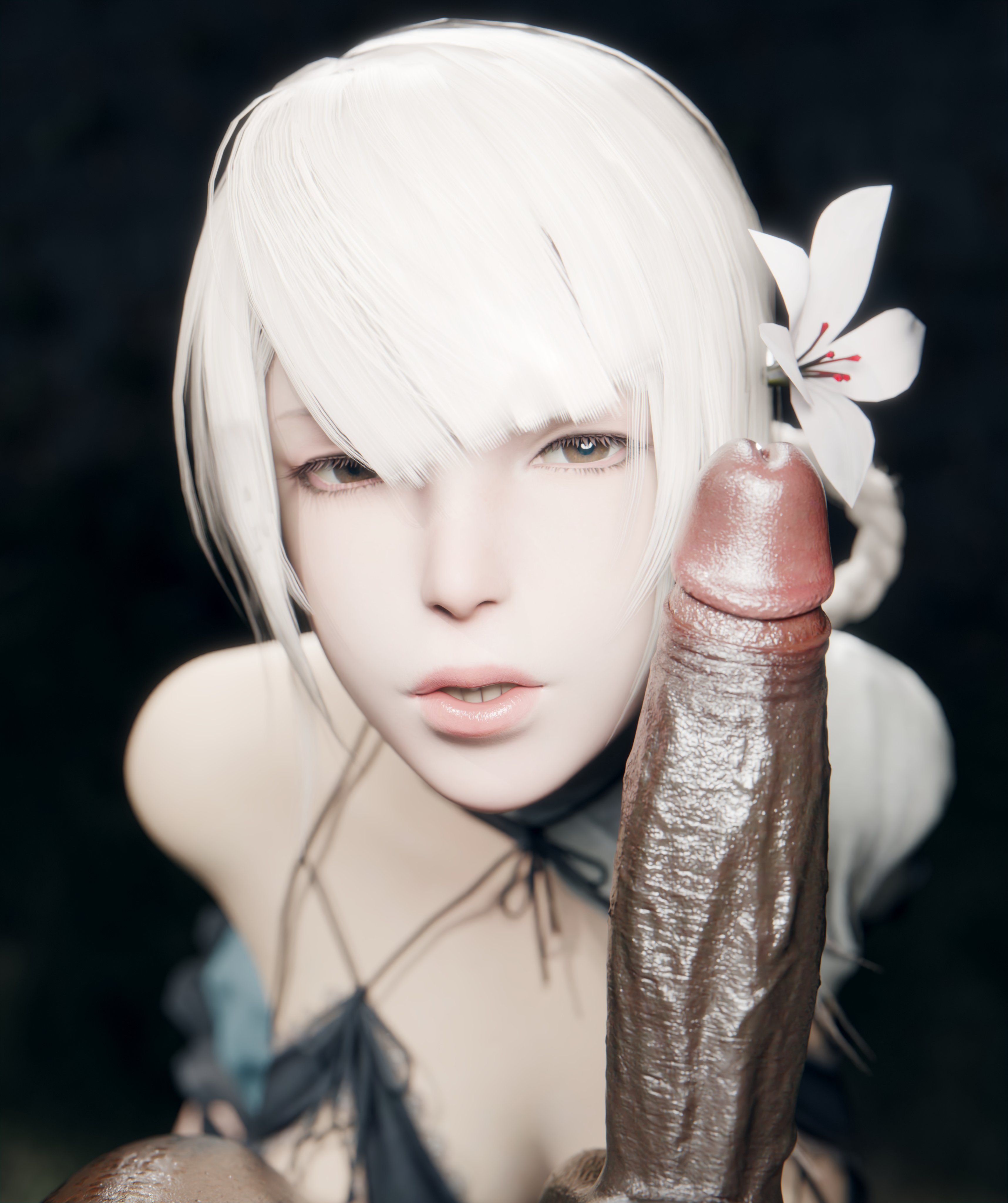 1boy, 1boy1girl, 1girls, 2026, 3d, androgynous, bangs, bra, brown eyes, close-up, clothed, clothed female, clothed female nude male, dark background, dark penis, dark skin, dark-skinned male, depth of field, flower, flower in hair, hair accessory, hi res, interracial, kaine (nier), large penis, looking at penis, nier, nier (series), nier replicant, open mouth, pale skin, pale-skinned female, partial male, penis, penis on face, pipesketcher3d, shiny skin, simple background, skimpy clothes, tagme, veins, veiny, veiny penis, video game character, white hair