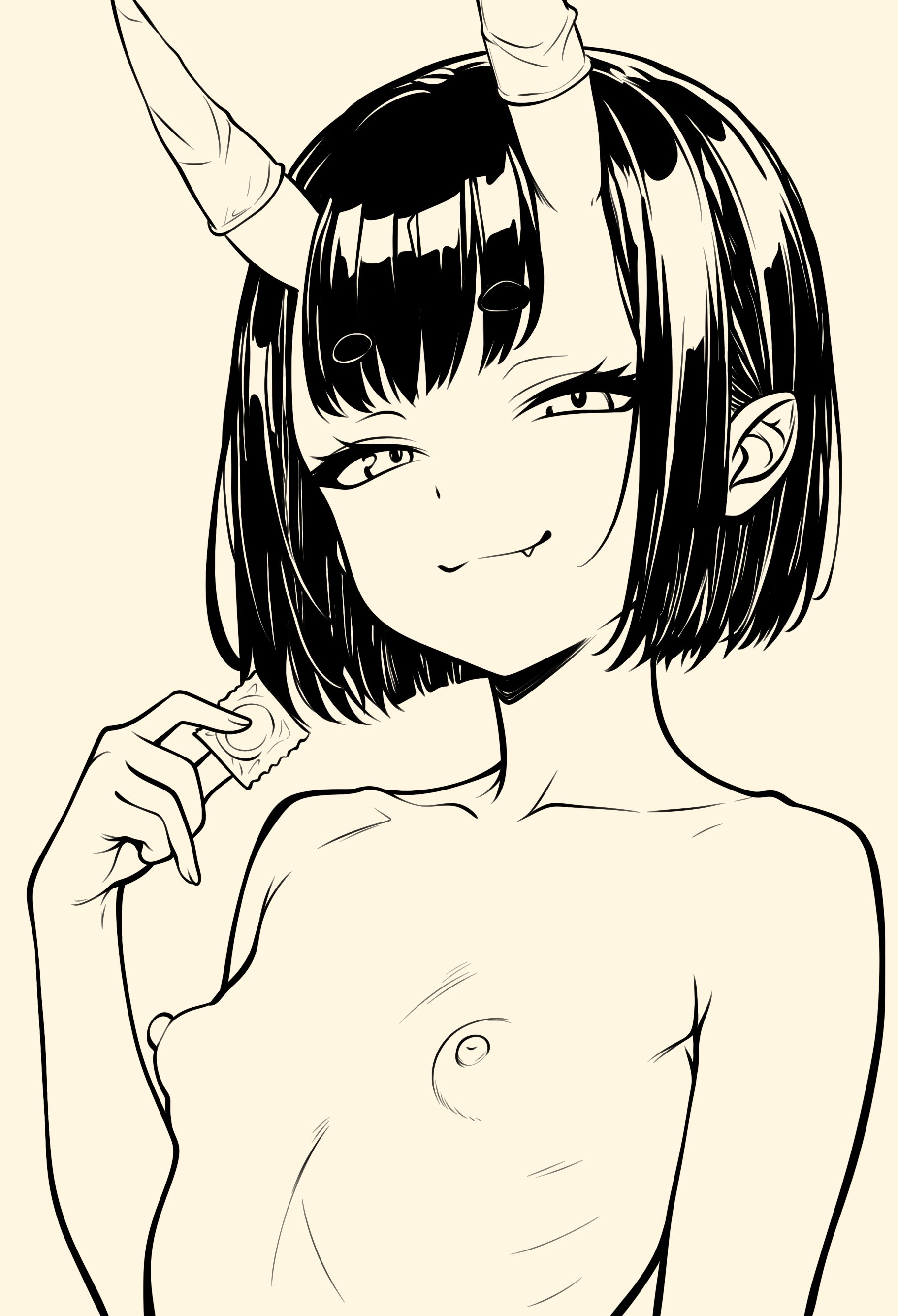 1girls, areolae, black and white, condom, fate (series), fate/grand order, female, female only, mordredpenx, nipples, oni, oni female, oni horns, short hair, shuten douji (fate), shuten douji (fate/grand order), small breasts, smile, solo