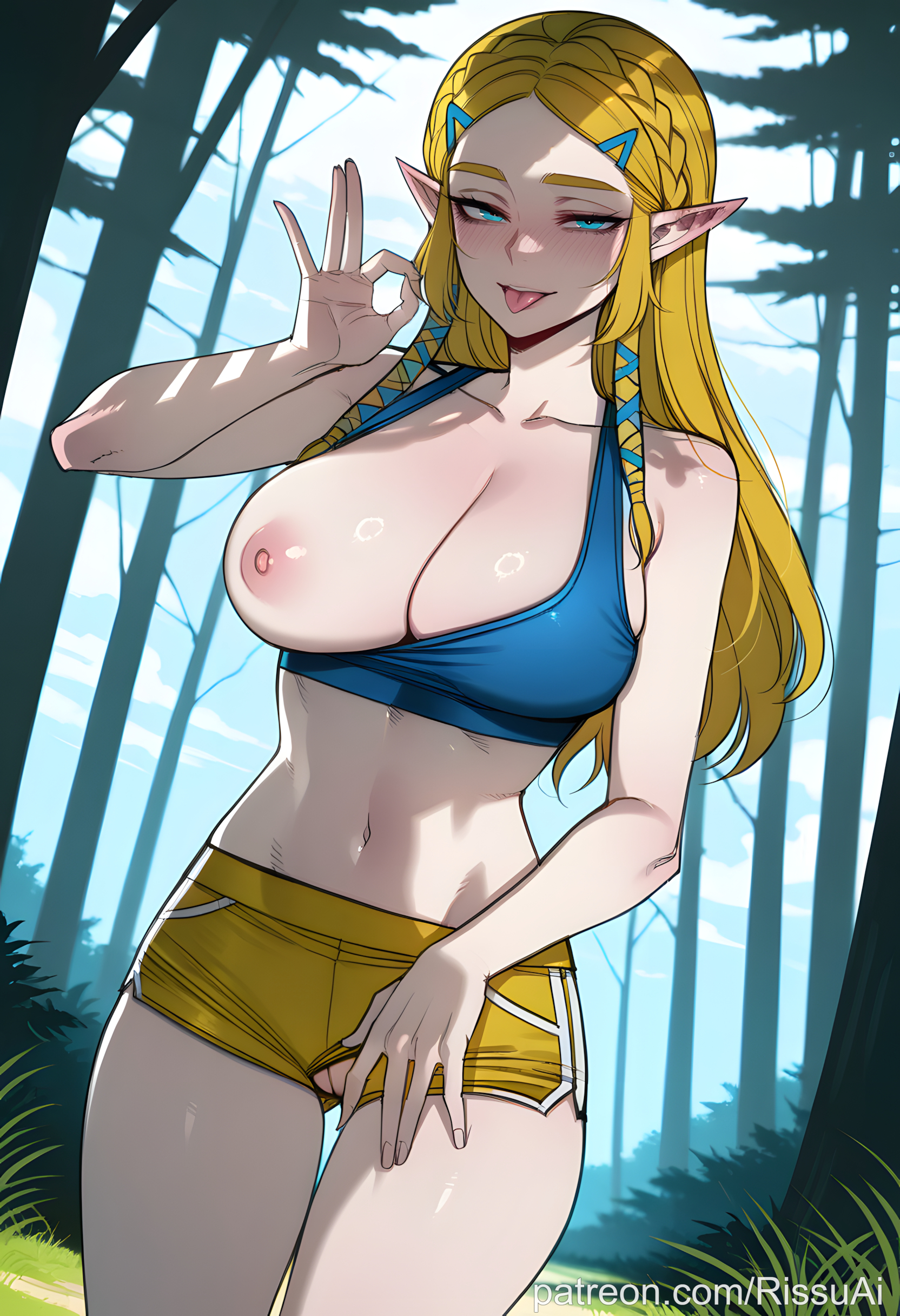 :p, 1female, 1girls, 2026, absurdres, aesthetic, ai generated, alternate costume, anime, anime style, artist name, ass visible through thighs, bare shoulders, beautiful, beautiful female, beautiful girl, big ass, big breasts, blonde hair, blue eyes, blue shirt, blue sports bra, blue tank top, blurred background, blush, blush lines, blushing female, braid, breasts, breath of the wild, bubble ass, bubble butt, cleavage, clothing aside, collarbone, cowboy shot, crop top, crown braid, curvy, curvy body, curvy female, curvy figure, curvy hips, curvy thighs, cute, cute face, day, digital art, digital painting, dolphin shorts, dutch angle, excited, excited expression, excited female, excited for sex, fellatio gesture, female, forest, grass, hair ornament, hairclip, high quality, highres, horny, horny expression, horny face, horny female, huge breasts, large ass, large breasts, line art, long hair, looking at viewer, micro shorts, midriff, nature, naughty face, navel, nintendo, nipples, no panties, one breast out, outdoors, parted bangs, patreon, patreon link, patreon username, pointy ears, princess zelda, pussy, rissuai, sexy, sexy body, sexy female, sexy pose, short shorts, shorts, sidelocks, smile, soft shading, solo, solo focus, sports bra, standing, stomach, sweat, tank top, the legend of zelda, thick, thigh gap, thighs, tongue, tongue out, tree, uncensored, web address, yellow shorts, zelda (breath of the wild)