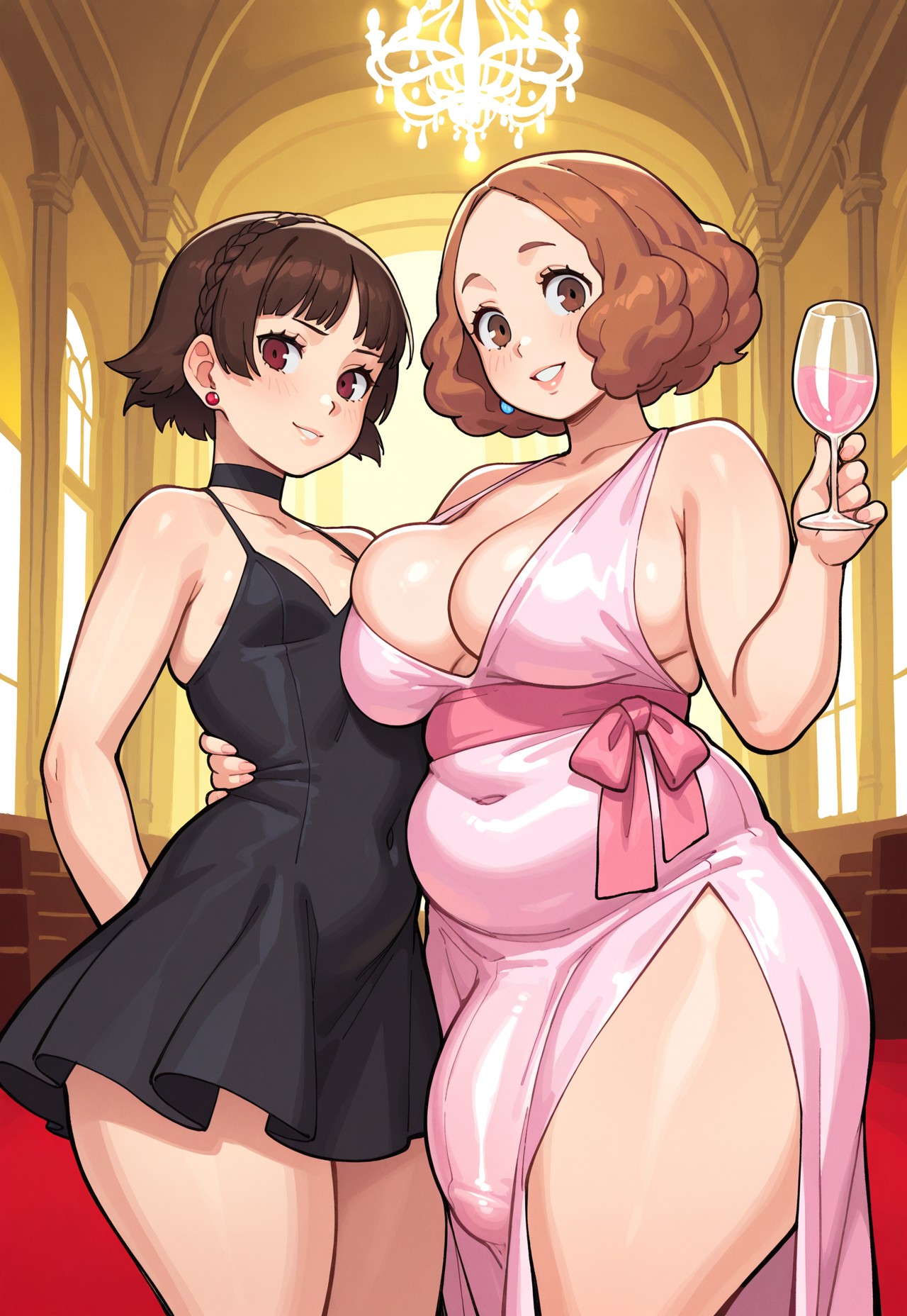 1futa, 1girls, 2girls, ai generated, ballroom, bbw, chubby, dress, futa on female, futa with female, futanari, haru okumura, large breasts, majorhooky, makoto niijima, overweight futa, penis bulge, penis under dress, persona, persona 5, thick thighs