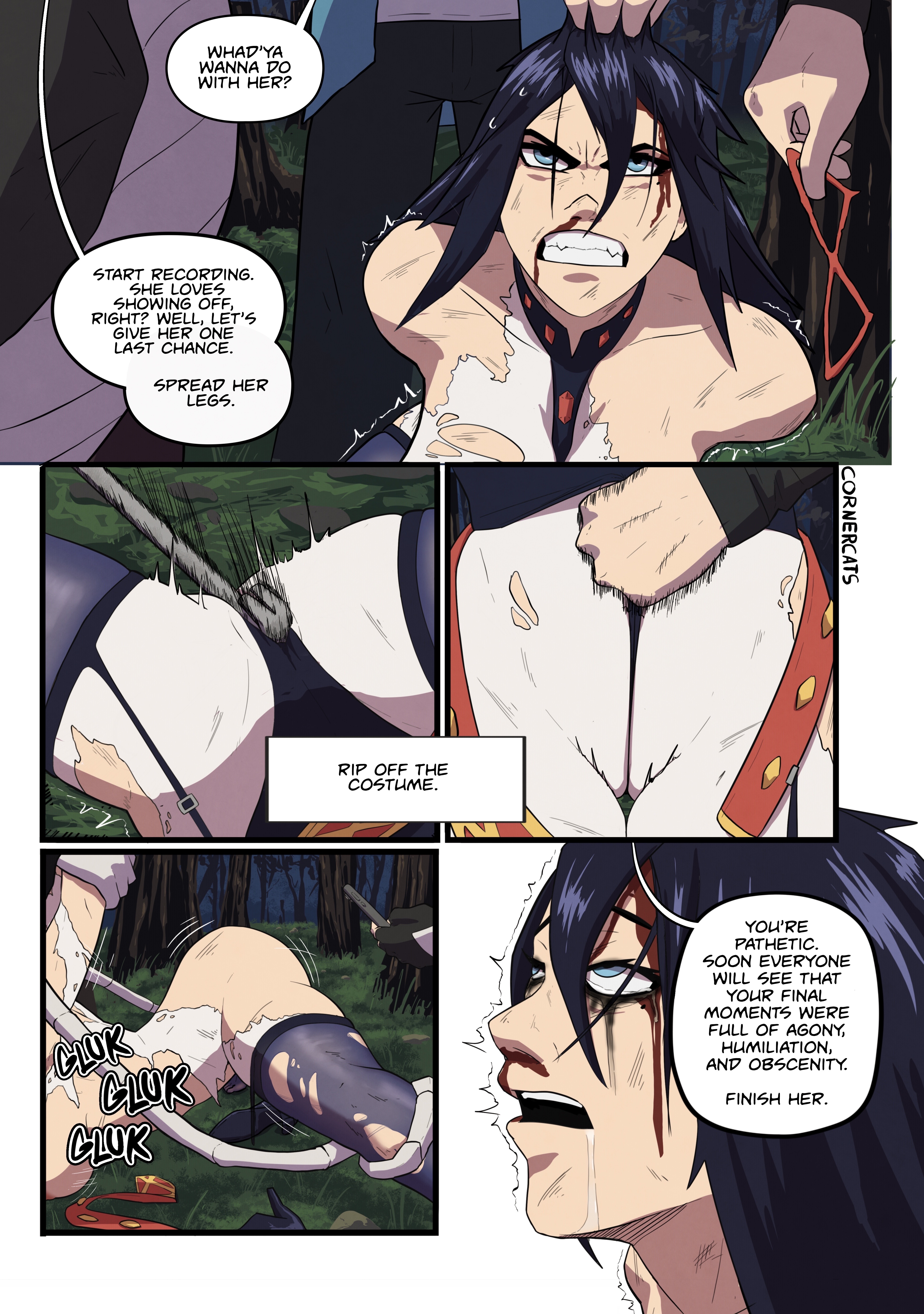 absurd res, black hair, blue eyes, breasts, comic, cornercats, cuntbusting, defeated, defeated heroine, female, forced oral, imminent death, low blow, mascara, mascara tears, midnight (my hero academia), my hero academia, peril, rape, ryona, skin tight, stripped, superheroine, thigh boots, thighhighs, thighs, unmasked