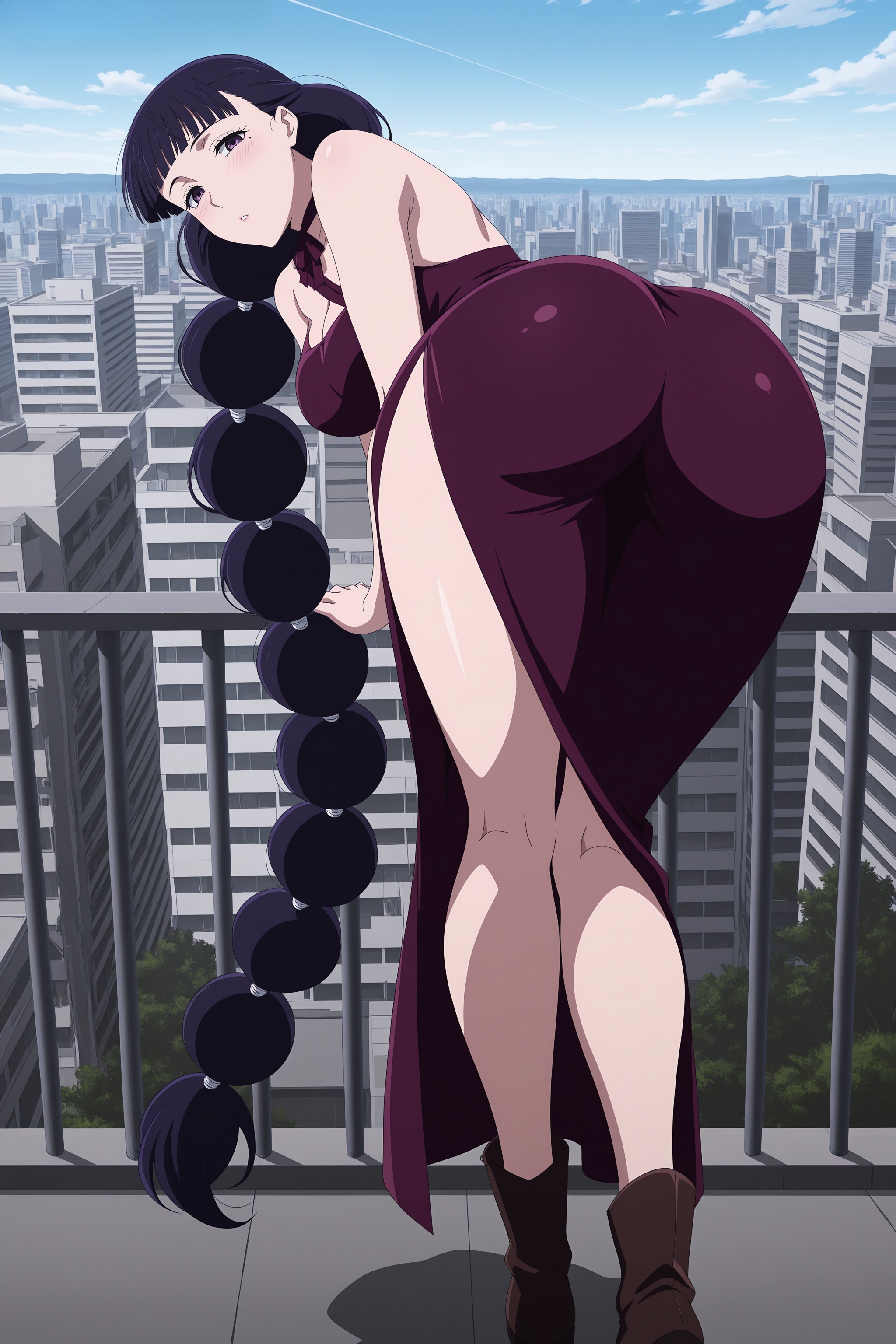 1girl, ai generated, ass, bare shoulders, bent over, black hair, blue sky, blunt bangs, blush, boots, braid, breasts, building, city, cityscape, cleavage, cloud, day, digitalwaifugallery, dress, from behind, giantess, hi res, high quality, high resolution, jujutsu kaisen, kneepits, large breasts, long hair, looking at viewer, looking back, multi-tied hair, outdoors, patreon, purple dress, purple eyes, railing, remi (jujutsu kaisen), seductive, sexy, side slit, sky, solo, standing, uncensored, very long hair
