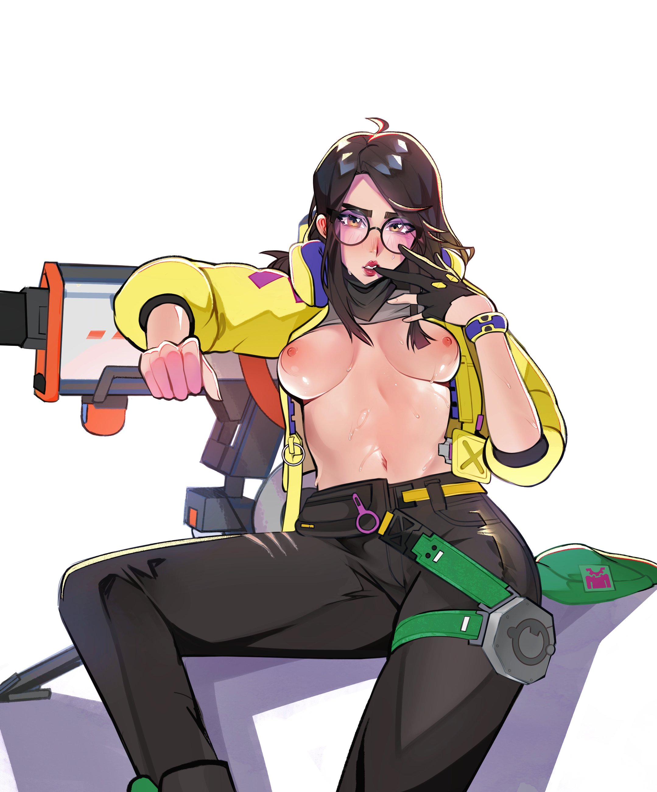 1girls, ahoge, blush, bojalewd, bracelet, breasts, breasts outside, brown eyes, brown hair, female, glasses, gloves, gun, highres, jacket, jeans, killjoy (valorant), looking at viewer, nipples, shirt lift, simple background, single glove, solo, sweat, turret, valorant, weapon, white background