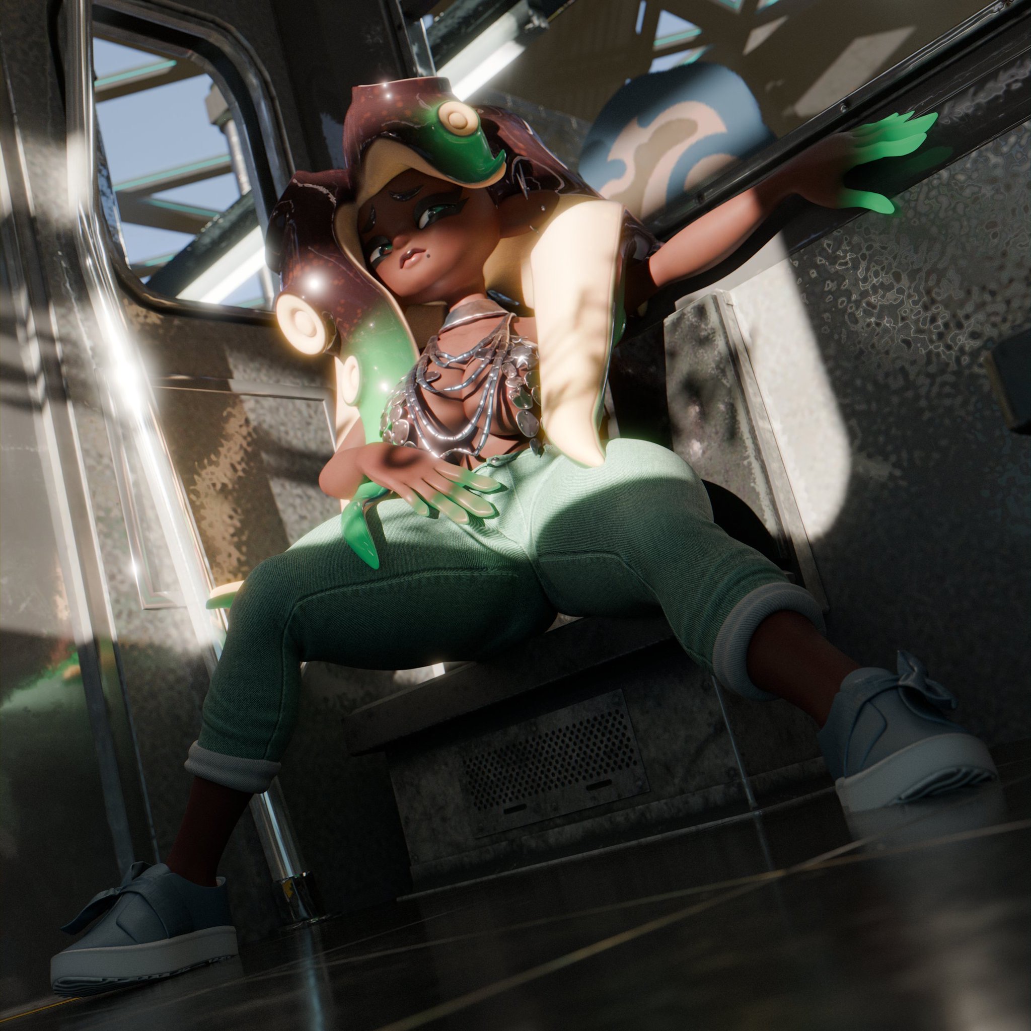 3d, 3d (artwork), 3d model, alluring, alternate costume, aura farming, background, big ears, black body, black hair, bottomwear, chains, clothed, clothing, crop top, cuffs (clothing), dark skin, dark-skinned female, filter, full body, green eyes, green hair, green pants, hand on leg, hand on thigh, headgear, headphones, headwear, hi res, high quality, highres, hip focus, hips, hips wider than shoulders, jeans, legs, legs apart, light, long hair, looking at viewer, looking back at viewer, looking down, marina (splatoon), marina (wo262), marina ida, multicolored eyes, nexusmind, nintendo, no headwear, octoling, octoling girl, pants, plated scales, pose, posing, posing for picture, render, scales, scales on chest, shoes, silver clothing, silver scales, sitting, sitting on chair, slim waist, splatoon, splatoon (series), splatoon 2, splatoon 3, subway, subway train, tentacle, tentacle hair, topwear, train, two-tone hair, watch, wo262 (3d model style), wristwear