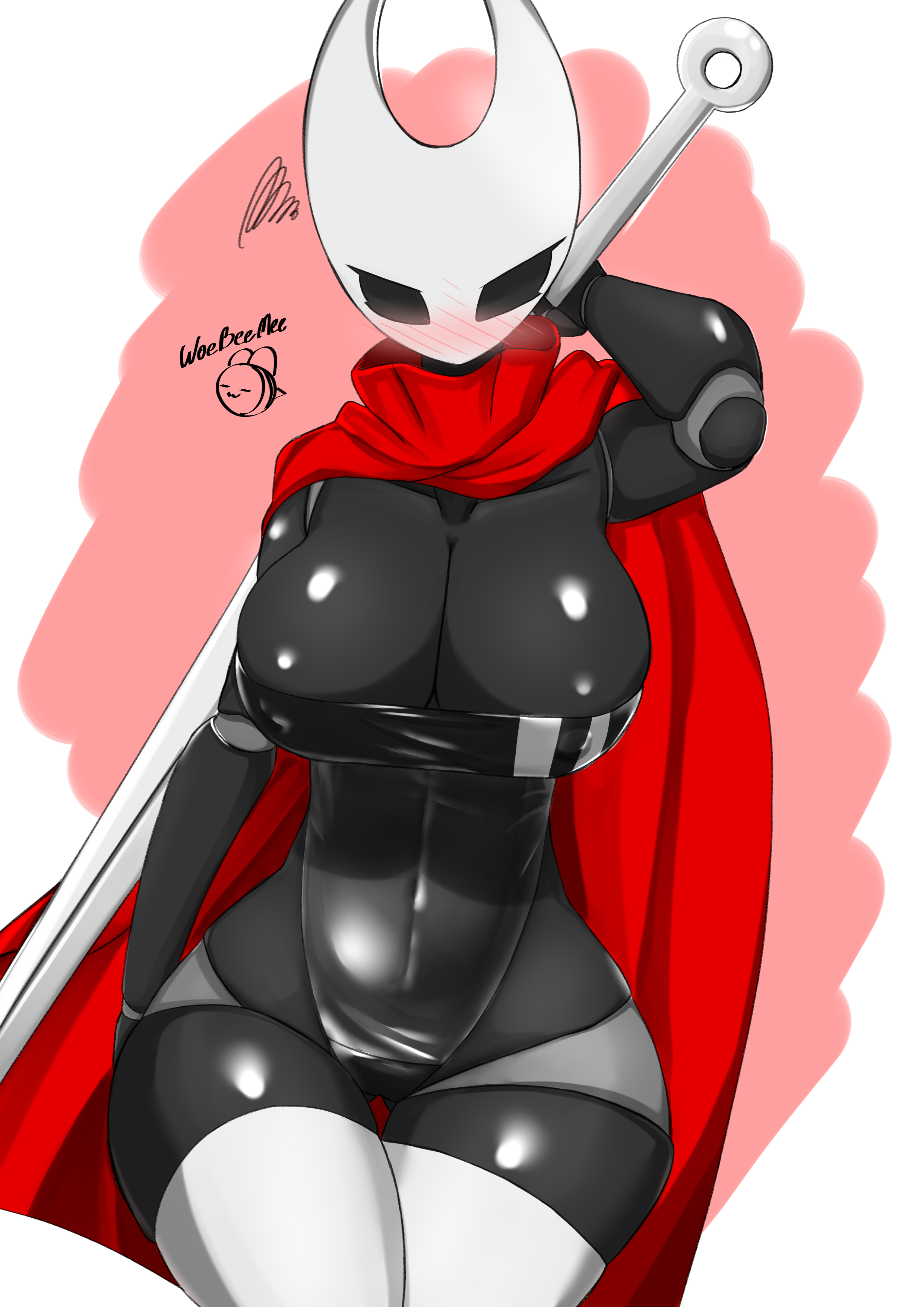 big breasts, breasts, exoskeleton, female, gigantic breasts, gris swimsuit, holding weapon, hollow knight, hornet (hollow knight), melee weapon, swimwear, thick thighs, thighhighs, woebeeme