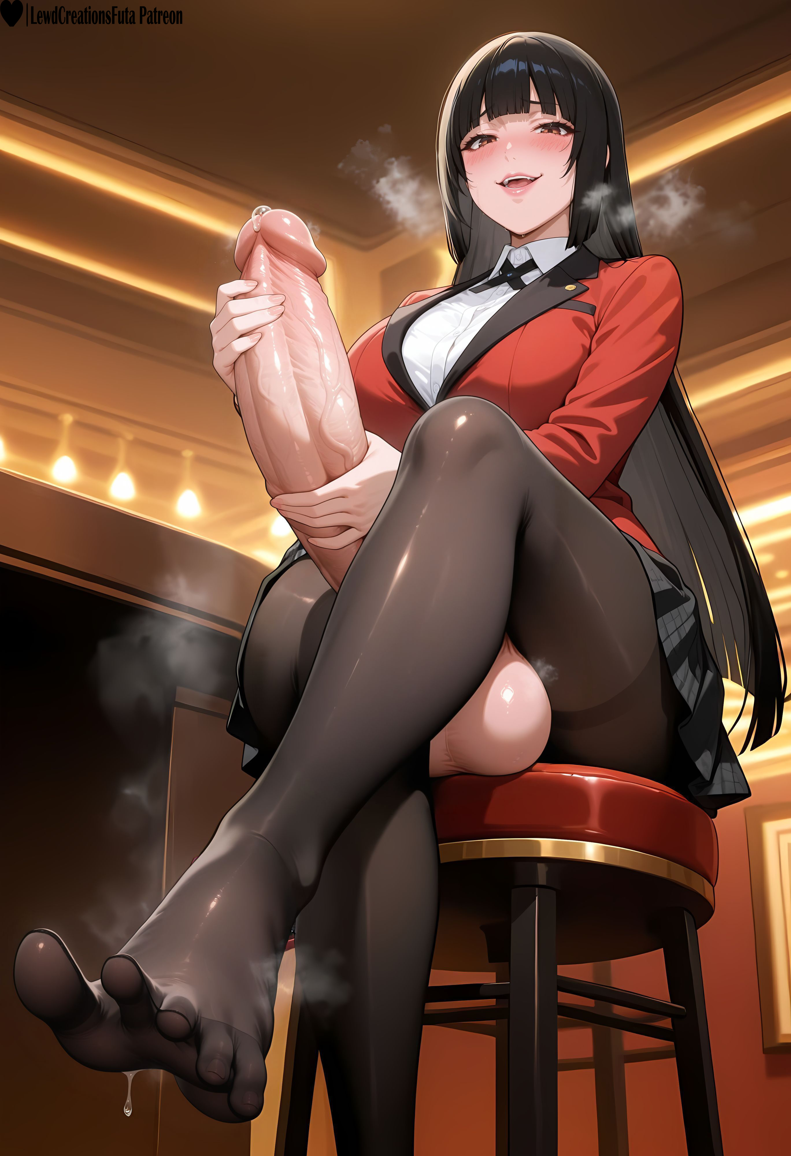 1girls, absurd res, ai generated, ara ara, balls, black hair, breasts, brown eyes, crossed legs, curvy, curvy figure, dickgirl, dickgirl/female, female, foot fetish, foot focus, foot worship, from below, futa masturbation, futa only, futadom, futanari, high resolution, highres, huge balls, huge cock, intersex, jabami yumeko, kakegurui, lewdcreationsfuta, looking at viewer, mature, mature female, mature woman, open mouth, pantyhose, pencil skirt, penis, penis out, precum, precum drip, precum on penis, precum string, red jacket, sexually suggestive, skirt, smug, solo, solo female, solo focus, sweaty foot, tagme, thick, thick legs, thick thighs, thighs, veiny, veiny penis, white shirt