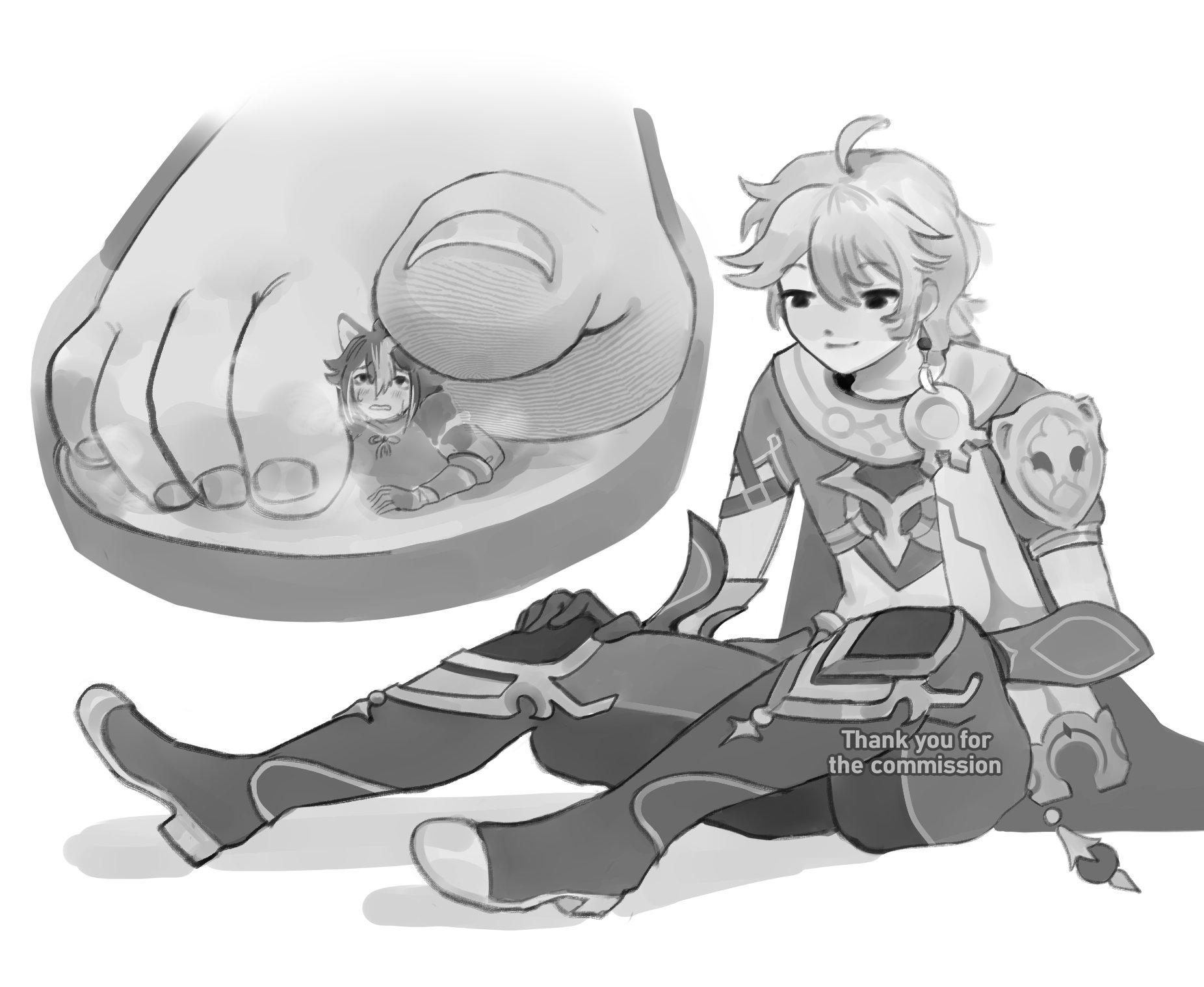 2boys, 2d, aether (genshin impact), blush, boots, clothed, dominant male, foot fetish, footwear, gay, genshin impact, giant, giant male, gorou (genshin impact), insole, larger male, macro, male, male only, micro, monochrome, shoes, size difference, smaller male, smirk, smollrodina, smug, steam, submissive male, trapped in clothing, trapped in shoe, underfoot, x-ray view