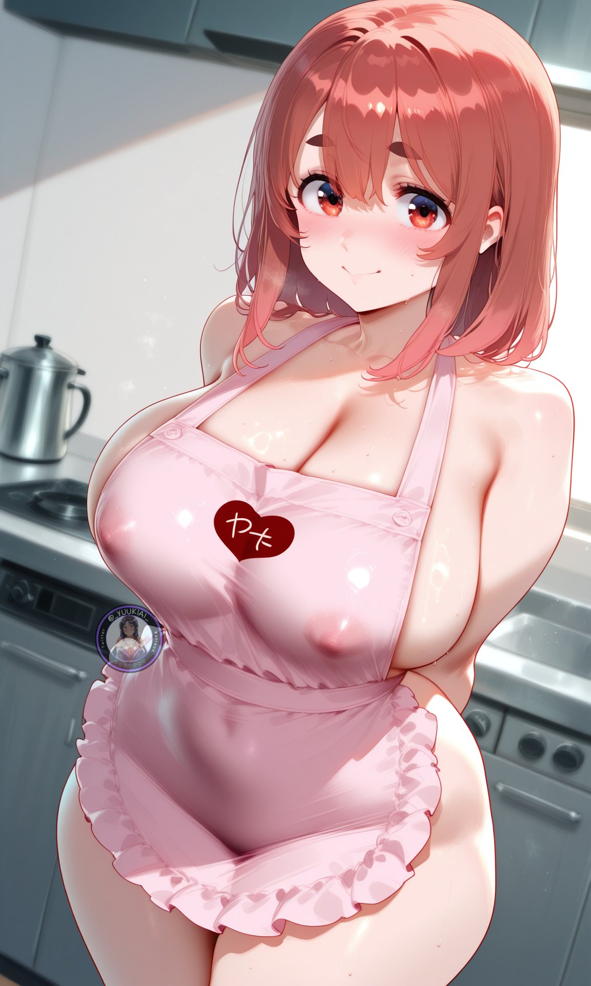 1girls, ai generated, apron, apron only, breasts, female, female only, kanojo okarishimasu, large breasts, light skin, light-skinned female, looking at viewer, naked apron, sakurasawa sumi, shiny skin, sideboob, solo, thick thighs, thighs, wet, wide hips, yuukiai