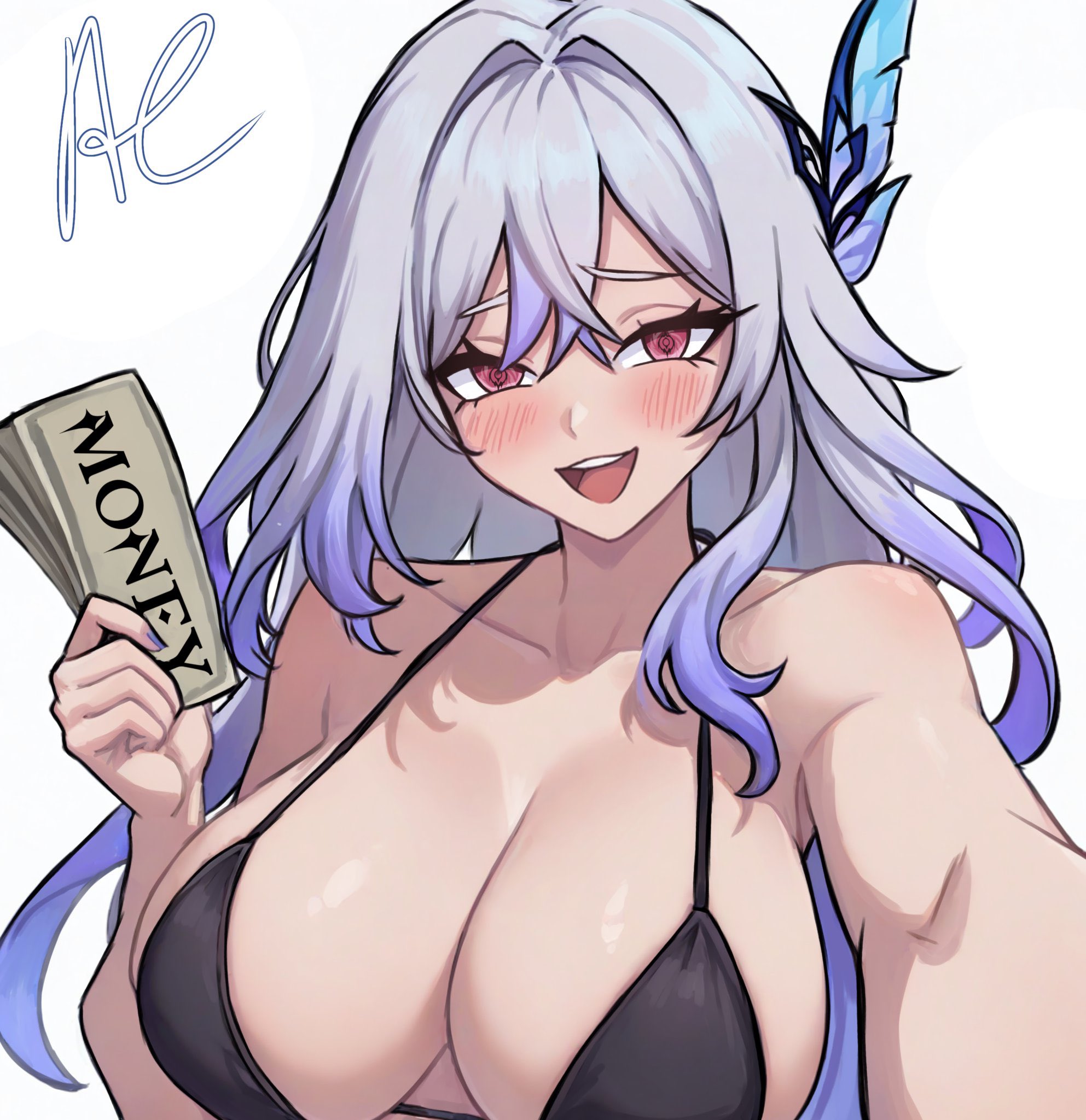 alissashogun, bikini, breasts, female, findom, findomme, genshin impact, holding money, holding object, hoyoverse, large breasts, laughing, lissamikodraws, money, pink eyes, skirk (genshin impact), teasing, teasing viewer, white background, white hair