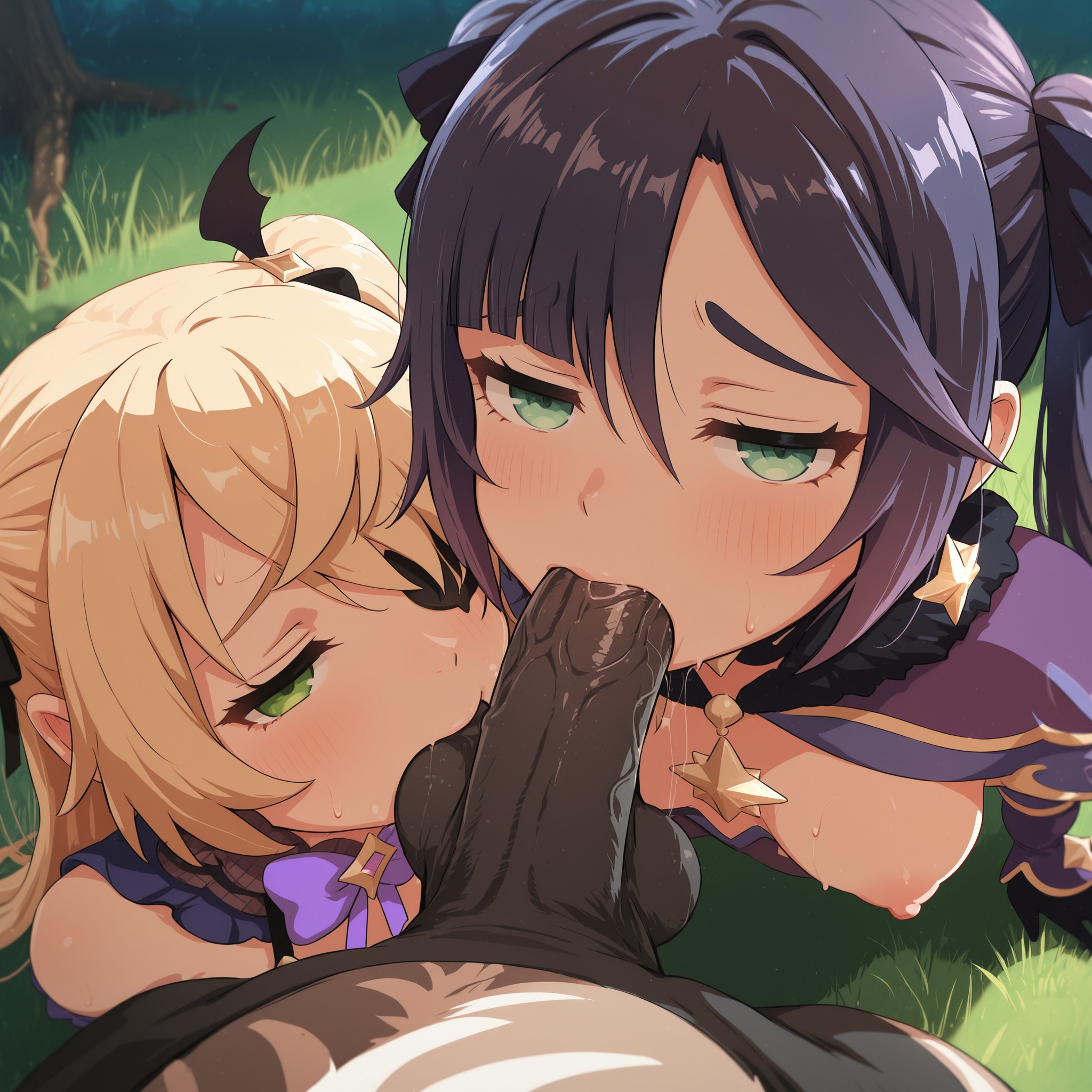 1boy, 2girls, ai generated, balls, balls sucking, black hair, black ribbon, black skin, blonde hair, blue capelet, blush, bow, bowtie, breasts, breasts out, capelet, cooperative fellatio, dark penis, dark skin, dark-skinned male, earrings, erection, eyepatch, fellatio, female, ffm threesome, fischl (genshin impact), genshin impact, gloves, grass, green eyes, group sex, hair between eyes, hair ribbon, hilichurls (species), interracial, interspecies, jewelry, large penis, long hair, looking at viewer, male, medium breasts, mona (genshin impact), monster, multiple females, multiple girls, nipples, oral, outdoors, penis, pov, purple bow, purple bowtie, purple hair, ribbon, saliva, small breasts, star (symbol), star earrings, straight, sweat, testicles, threesome, twintails, two side up, uncensored, veins, veiny penis, very dark skin