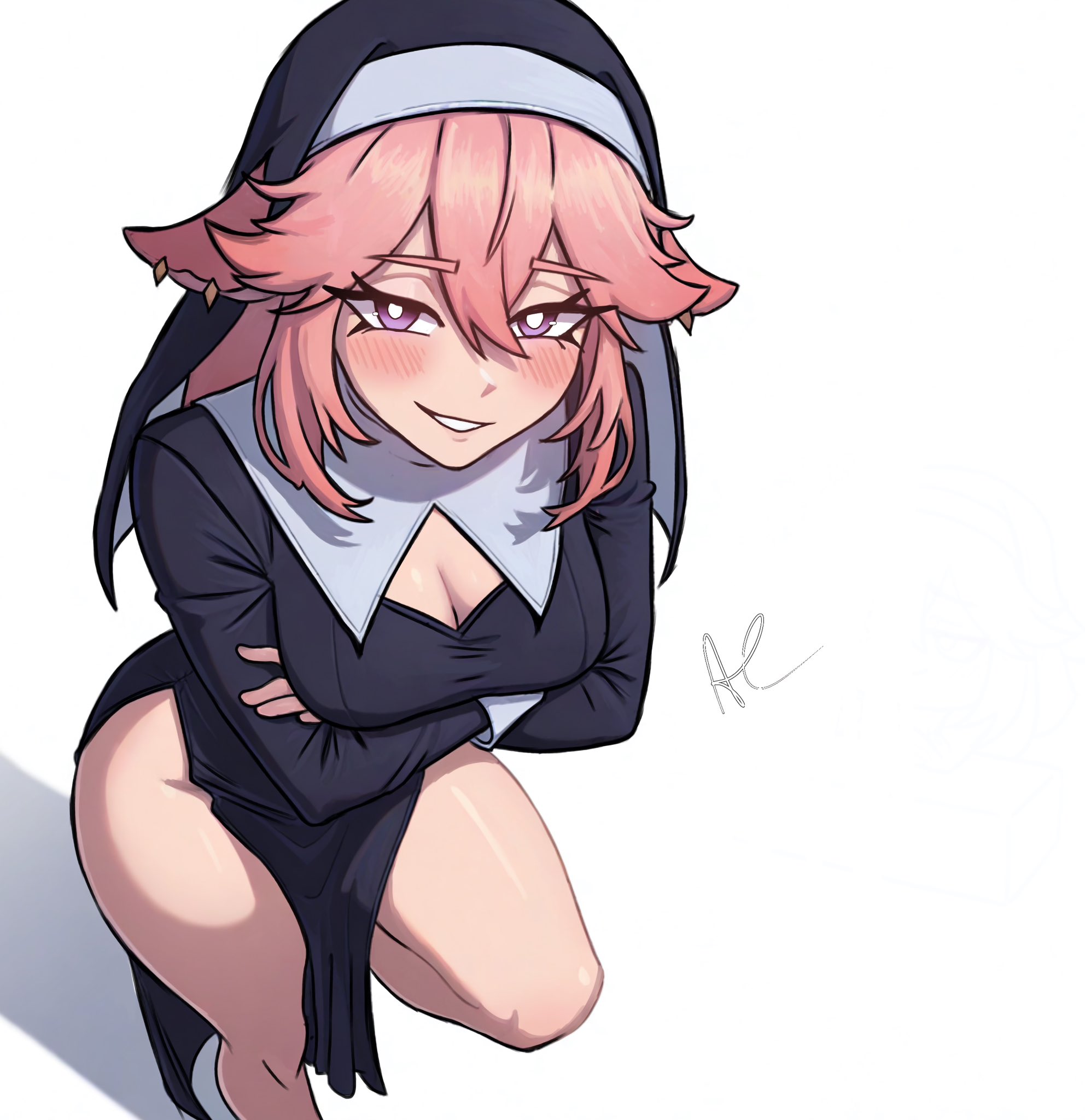 1girls, 2d, animal ears, boob window, breasts, female, genshin impact, hips, lissamikodraws, nun, nun outfit, pink hair, purple eyes, solo, yae miko