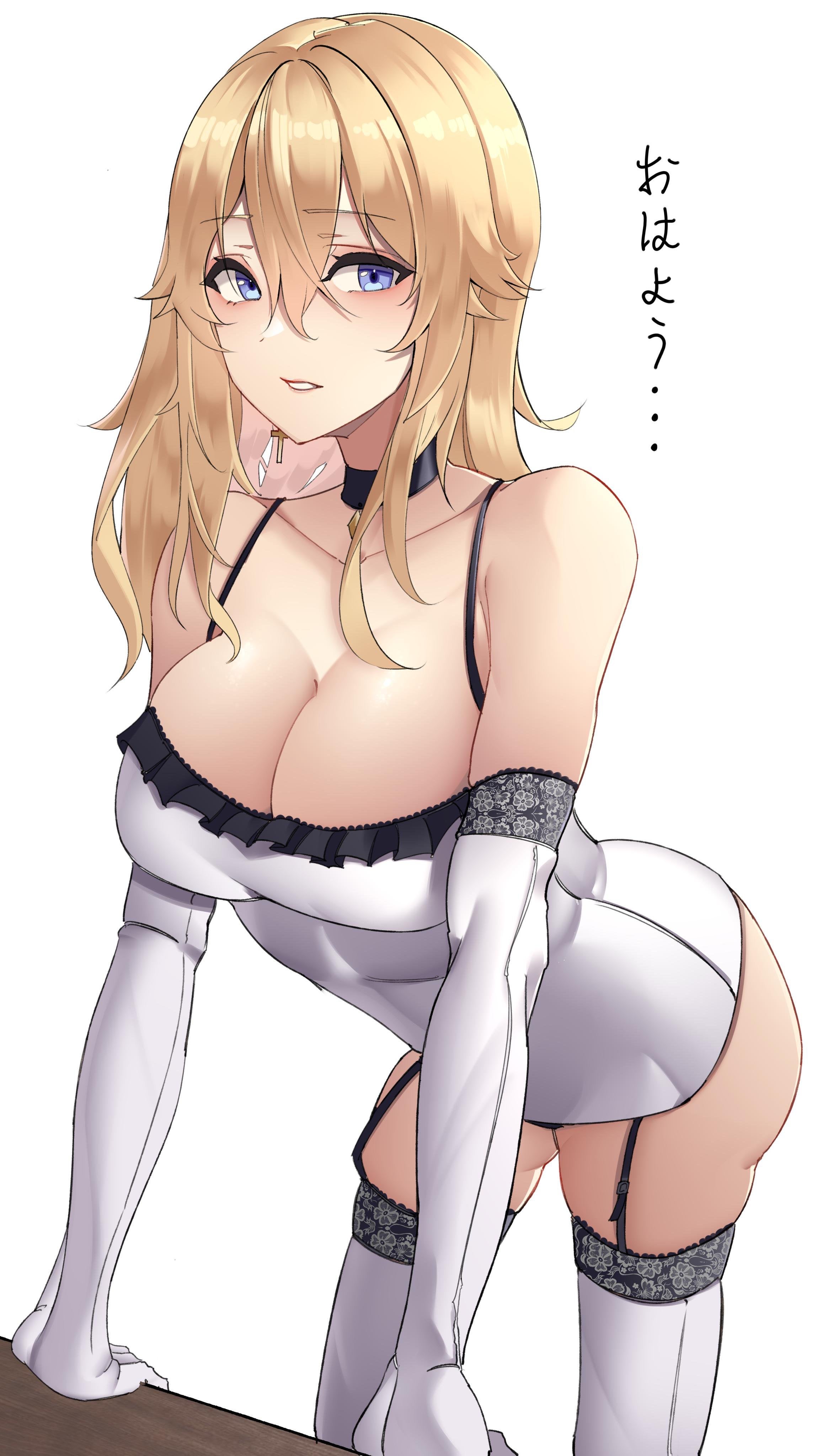 ass, blonde hair, blue eyes, breasts, busty, choker, clothed, clothing, dress, earrings, female, female only, garter belt, genshin impact, harris hero, jean gunnhildr, jewelry, large breasts, long hair, looking at viewer, solo, text, thick thighs, thighhighs, thighs, translated