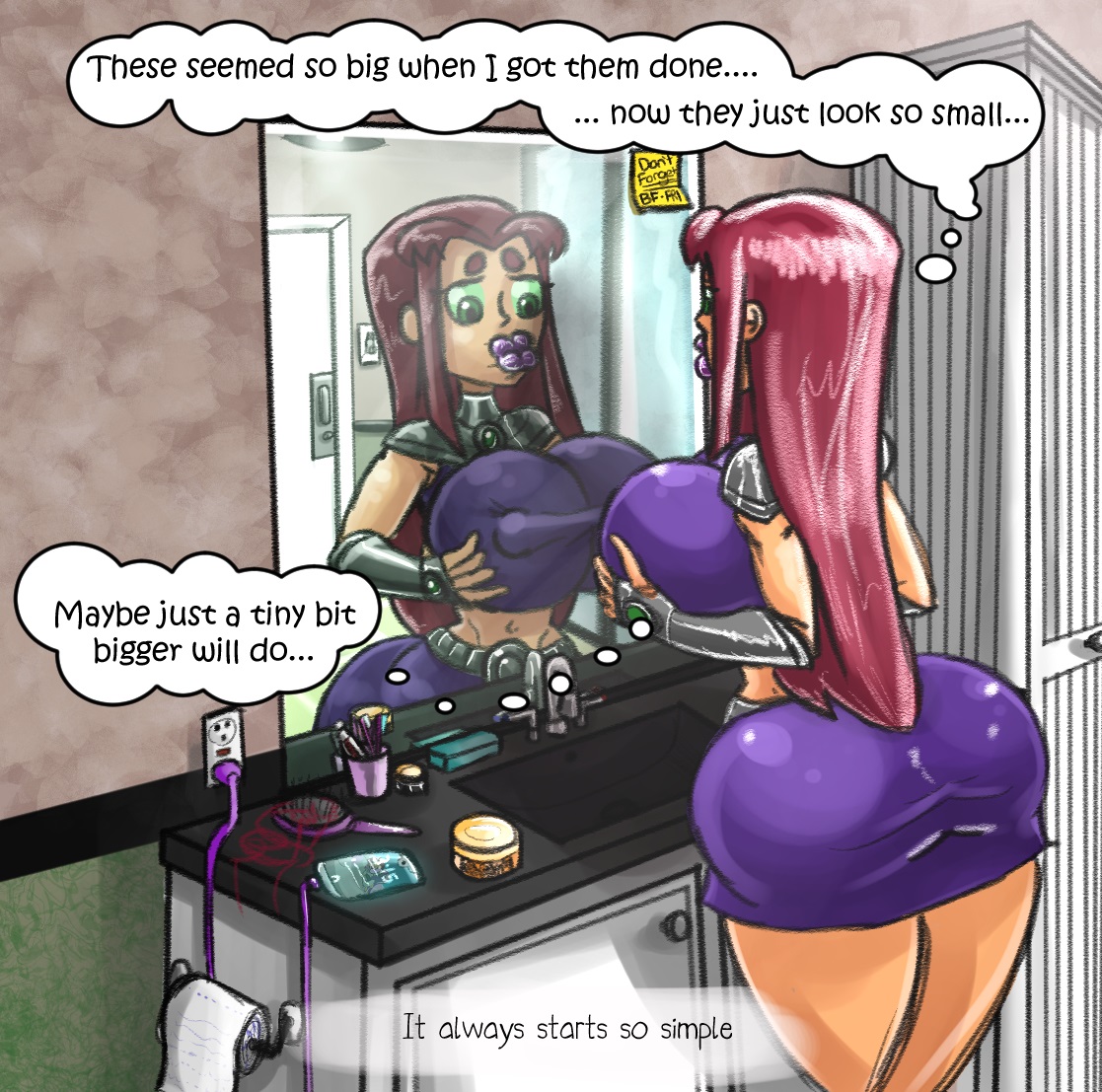 1girls, ass, ass expansion, ass implants, big ass, big breasts, big lips, bimbo, bimbofication, breast expansion, breast growth, breast growth (enlargement), breast implants, breasts, dc, dc comics, english text, female, female only, golseum, huge ass, huge breasts, implants, lip expansion, looking in mirror, mirror, orange skin, red hair, starfire, starfire (teen titans), superheroine, teen titans, text