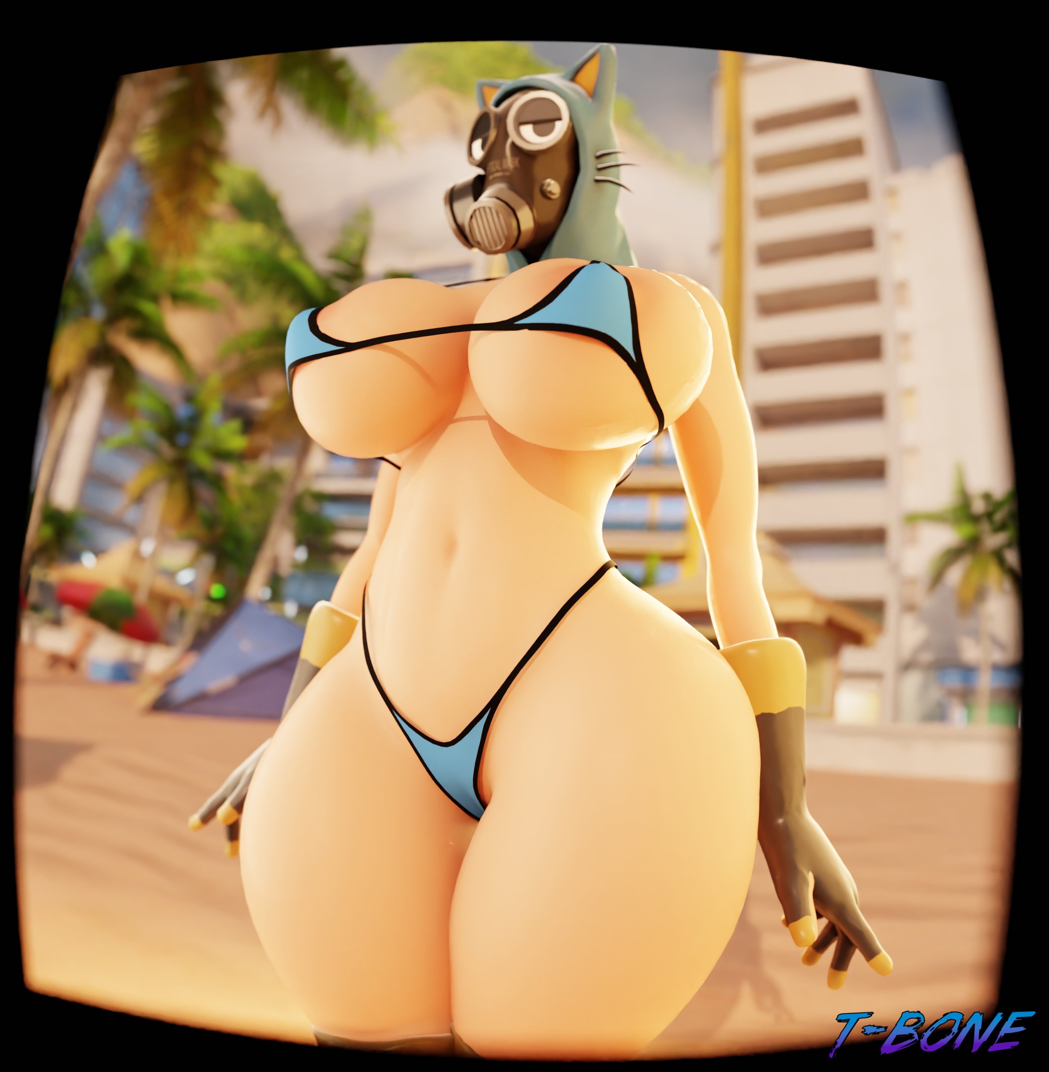 alternate version at source, alternate version available, artist name, ass, beach, big ass, big breasts, bikini, blender, boots, breasts, cat ears, female, fempyro, gas mask, gloves, looking at viewer, pyro (team fortress 2), solo, t-bone589, team fortress 2, thick thighs, watermark