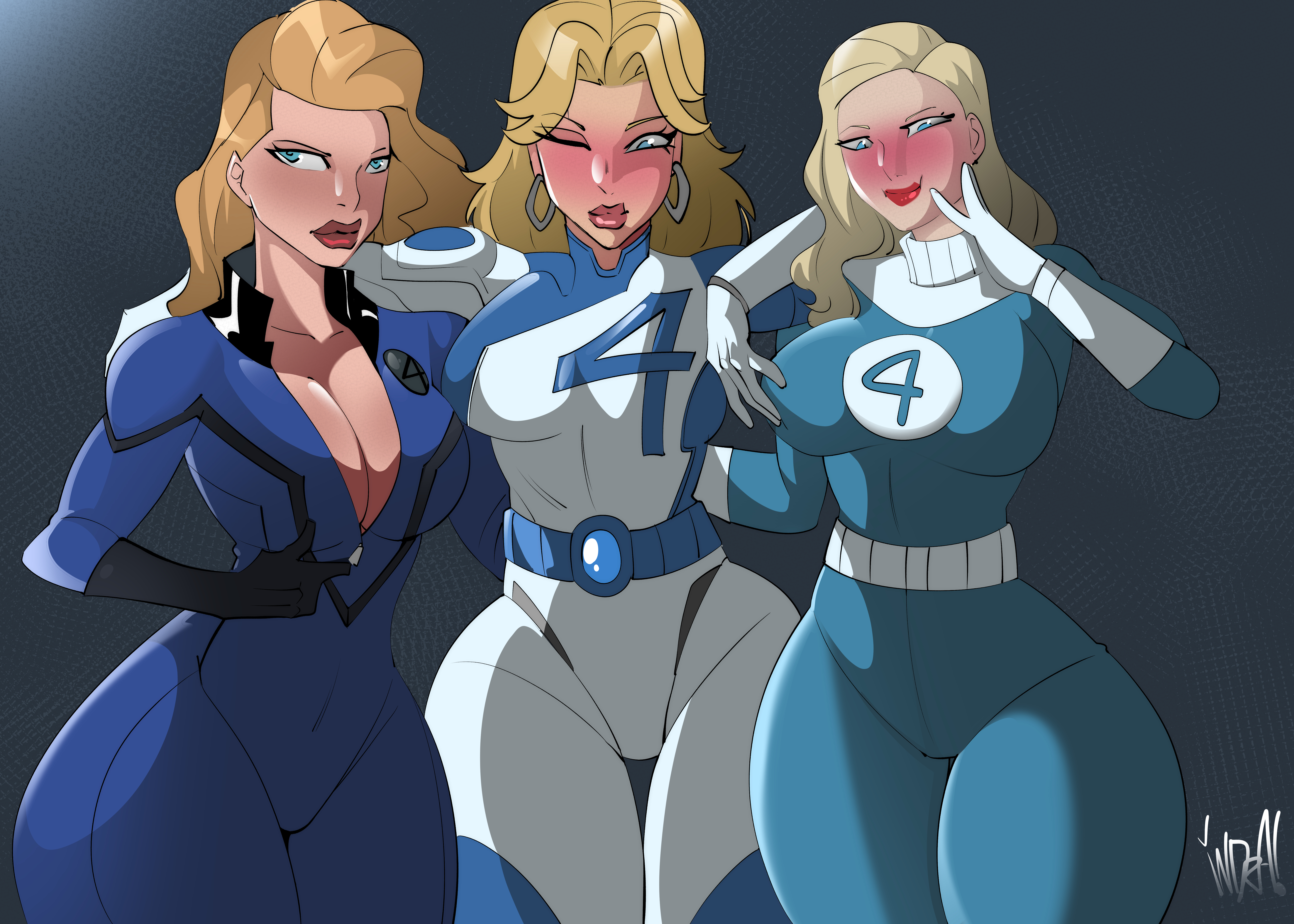 20th century fox, 2d, 3girls, 7:5, absurd res, absurdres, actress, alternate versions, big breasts, blonde hair, blue bodysuit, blue eyes, bodysuit, breasts, celebrity, cleavage, fantastic four, fantastic four (2000s), fantastic four: first steps, female, female only, hi res, highres, huge breasts, human, indralvspaizuri, invisible woman, invisible woman (first steps), invisible woman (marvel rivals), jessica alba, large breasts, light-skinned female, long hair, marvel, marvel cinematic universe, marvel comics, marvel rivals, multicolored bodysuit, multiple females, multiple girls, multiple persona, multiversal counterpart grouping, multiverse, pin up, real person, same character, self upload, square crossover, sue richards, sue storm, superhero costume, superheroine, susan storm, vanessa kirby, variants, white bodysuit