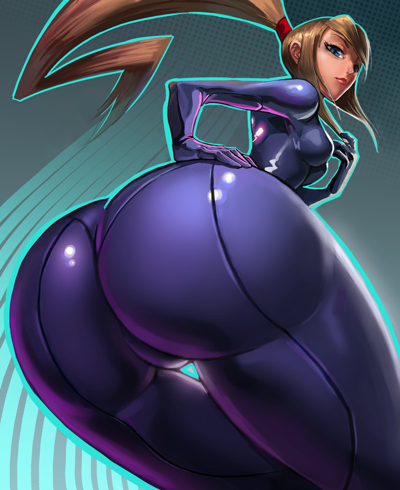 1girls, artist request, ass, ass focus, bedroom eyes, big ass, big butt, blonde hair, bodysuit, breasts, caked up, cheesecake, female, female only, hand on ass, huge ass, human, medium breasts, metroid, nintendo, presenting, presenting hindquarters, samus aran, seductive, solo, zero suit, zero suit samus