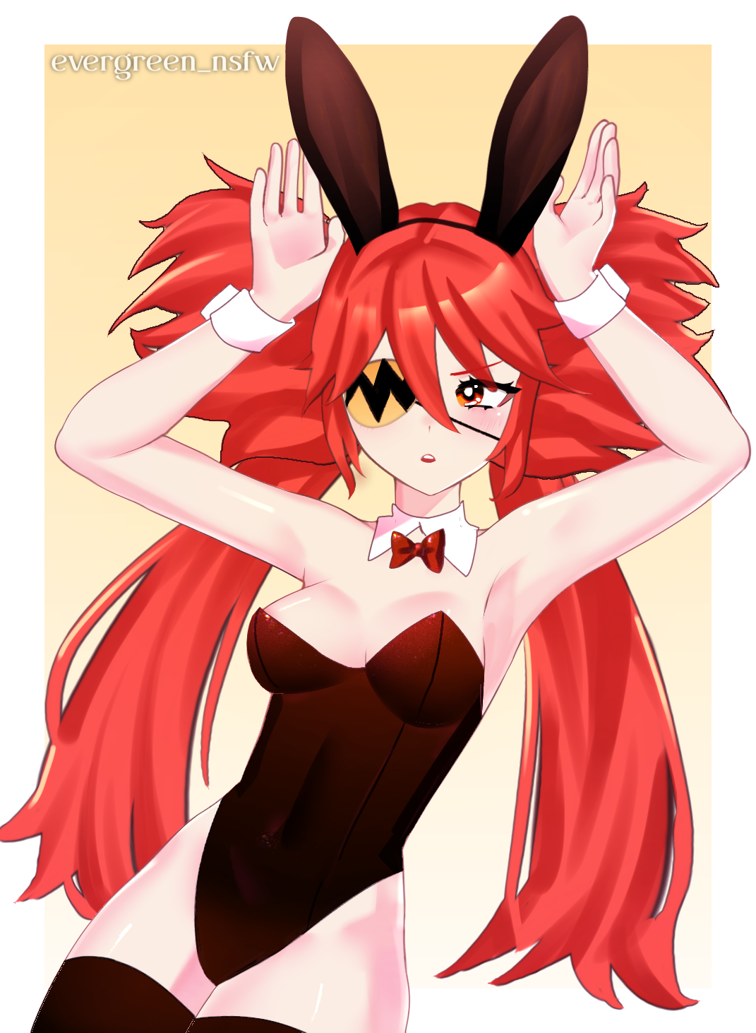 1girls, 2d, black leotard, bunny ears, bunnysuit, evergreen (artist) gradient background, female, female only, koleda belobog, red hair, solo, zenless zone zero