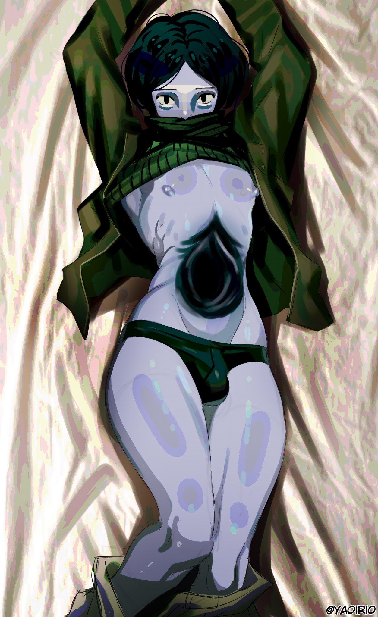 androgynous, arms up, black hair, blue body, blue skin, body horror, bulge, coat, coat guy (no, i'm not a human), dakimakura, femboy, gay, jacket, looking at viewer, male, male only, no, i'm not a human, on back, open jacket, pants down, scarf, solo, sweater, sweater lift, thick thighs, twink, underwear, unusual anatomy, wide hips, yaoi, yaoirio, yurio