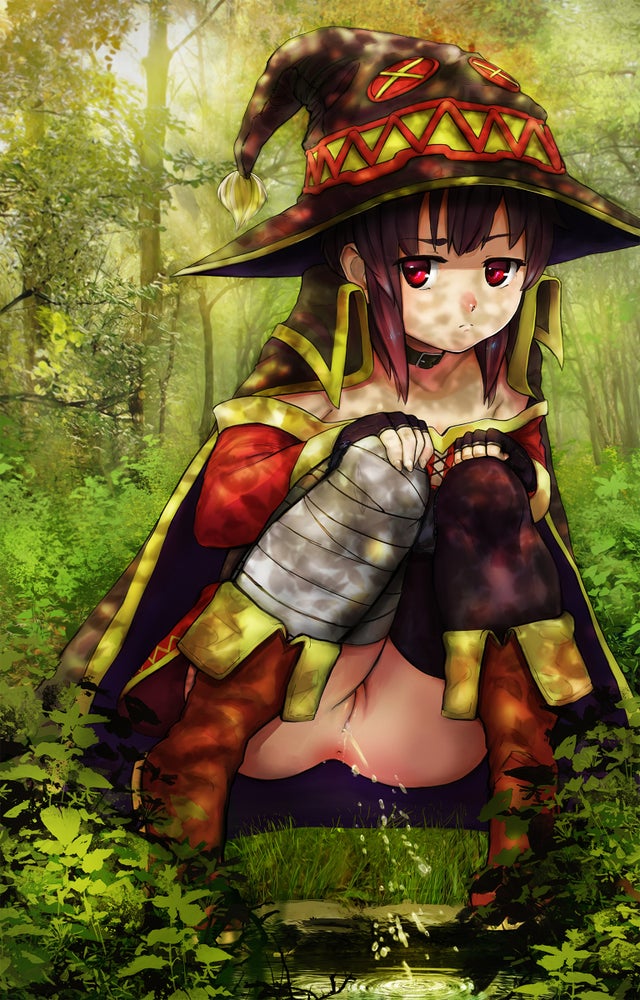 1girls, ass, female, female only, forest, hat, kono subarashii sekai ni shukufuku wo!, megumin, pee, pee squat outdoors, peeing, public, pussy, red eyes, shaved pussy, solo, solo female, squatting, urination, witch hat, woods, young