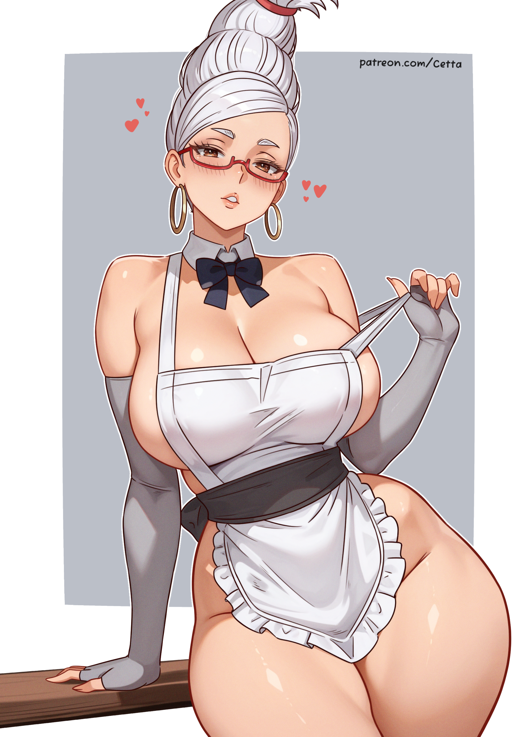 1girls, apron, apron only, ayase seiko, big breasts, blush, blushing, blushing at viewer, breasts, cetta (cettadvd), curvaceous, curvy, curvy female, dandadan, female, female focus, female only, gilf, huge breasts, large breasts, light skin, light-skinned female, milf, naked apron, slim waist, solo, solo female, solo focus, thick thighs, thighs, white hair, white-haired female, wide hips