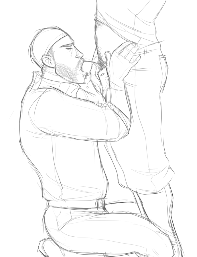 beard blowjob clothed demoman demoman_(team_fortress_2) drooling fellatio groinpain kneeling monochrome oral oral_sex pubic_hair saliva scout_(team_fortress_2) sketch sucking_penis team_fortress_2