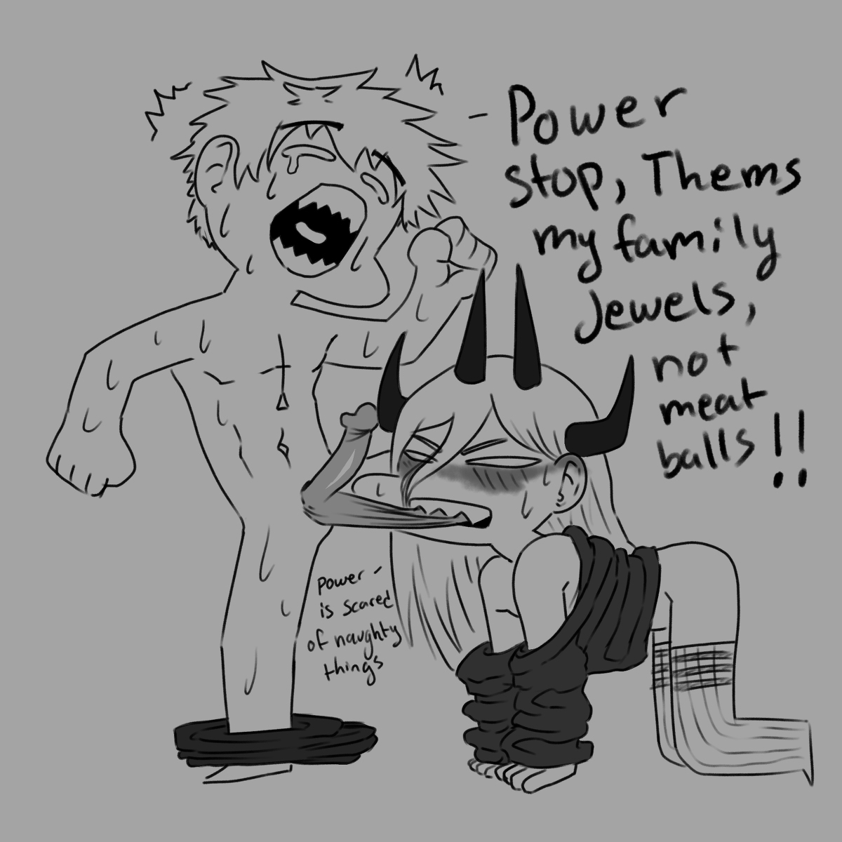 bite, biting, biting balls, burnt lewds, cbt, chainsaw man, cock and balls torture, crying, denji (chainsaw man), dialogue, english text, incinerated art, pain, penis, power (chainsaw man), screaming, sweating