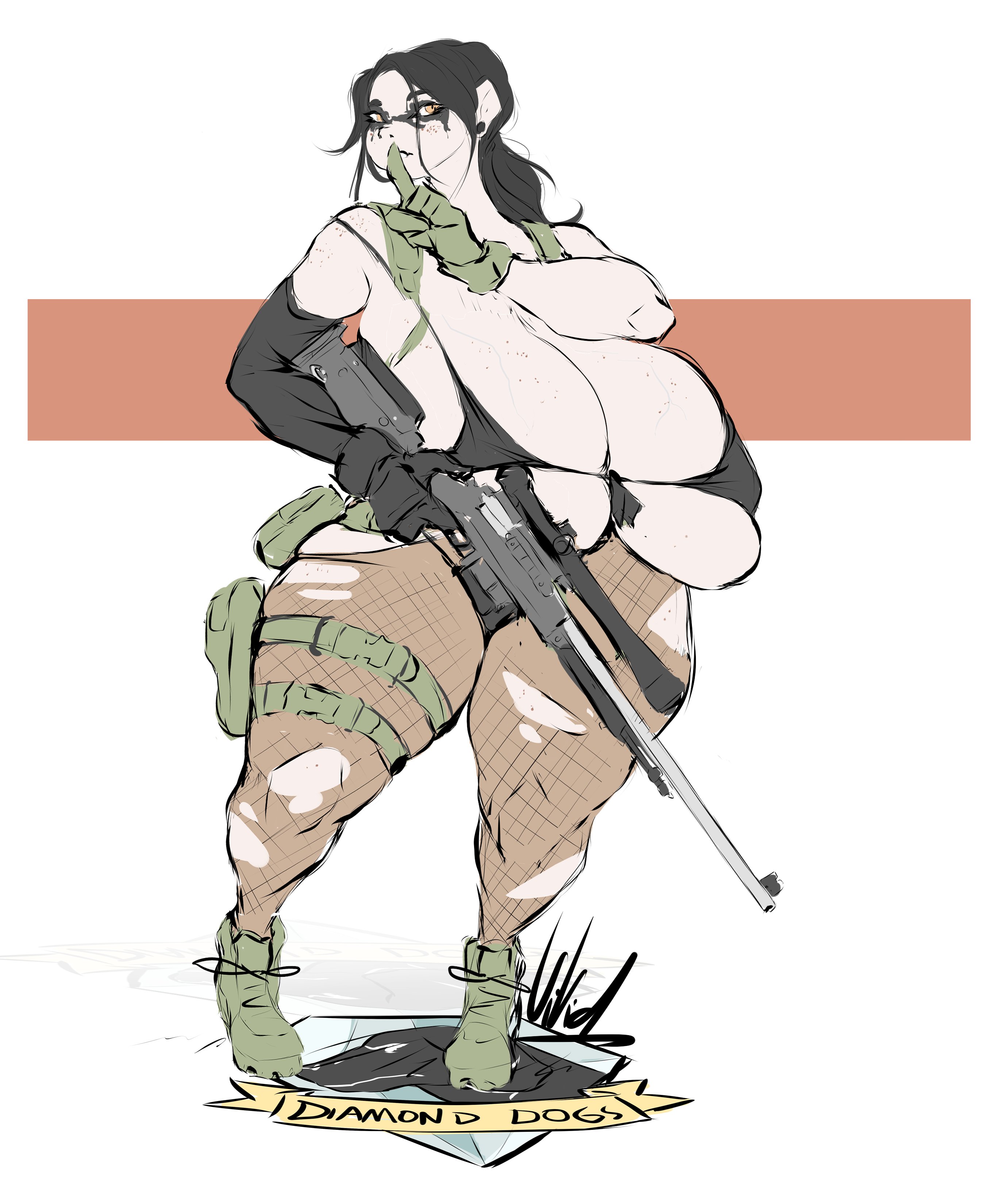 big breasts, breasts, cleavage, dullvivid, female, huge breasts, hyper breasts, lara ravencroft, quiet (metal gear) (cosplay), tagme, thick thighs, wide hips