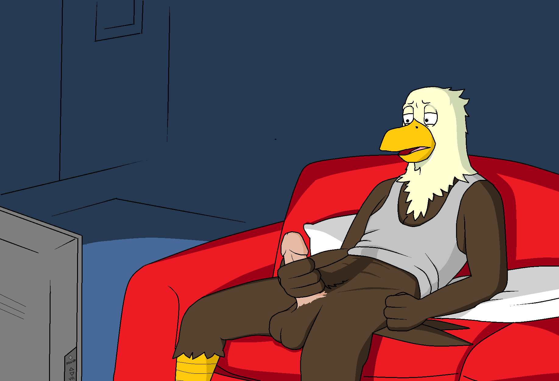 2014 anthro avian axl bald_eagle balls eagle feathers furry humanoid_penis male male_only masturbation ms_paint night nude penis pillow sitting sofa solo television the_crappy_paint_job_(artist)