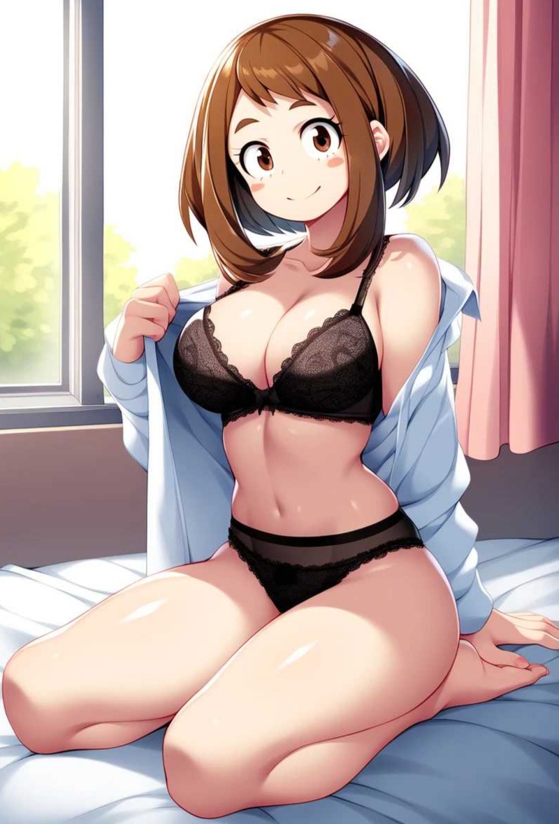 1girls ai_generated bedroom my_hero_academia ochako_uraraka sitting_on_bed smile solo underwear undressing