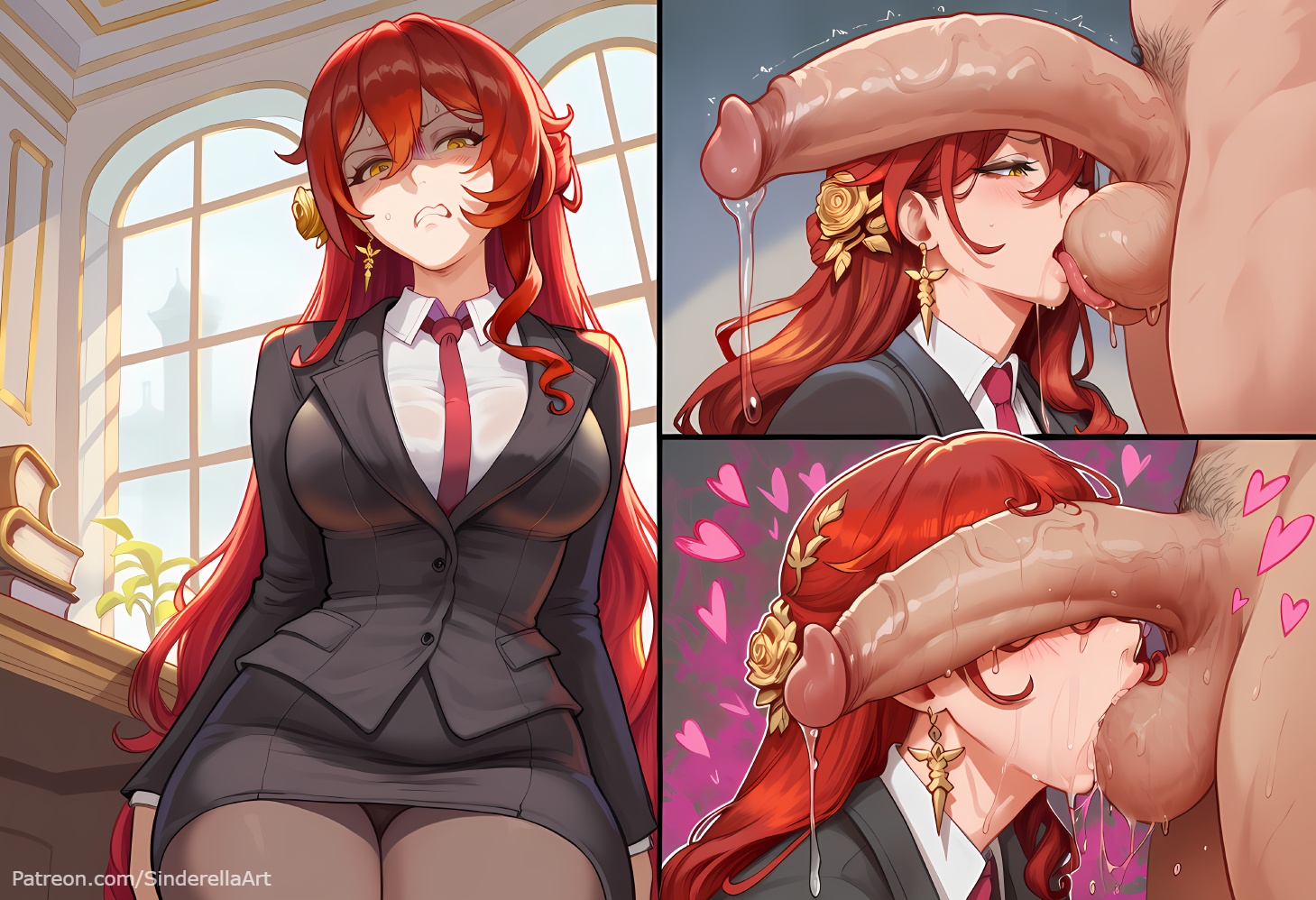 1boy, 1girls, ai generated, balls, breasts, busty, cheating, commission, female, formal, himeko (honkai: star rail), honkai (series), honkai: star rail, huge balls, huge breasts, huge cock, huge testicles, licking balls, male, milf, netorare, office, office lady, patreon, patreon url, patreon username, penis, penis awe, penis worship, secretary, sinderellaart, straight, sucking balls, testicles, thick, voluptuous