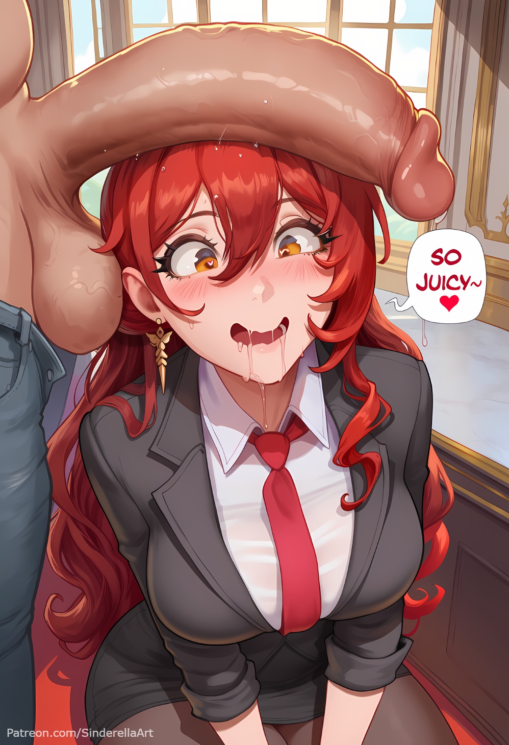 1boy, 1girls, ai generated, ass, balls, breasts, busty, caption, comic, comic page, commission, dialogue, english text, female, formal, himeko (honkai: star rail), honkai (series), honkai: star rail, huge ass, huge balls, huge breasts, huge cock, huge testicles, male, milf, office, office lady, patreon, patreon url, patreon username, penis, penis awe, penis worship, secretary, sinderellaart, straight, testicles, text, text bubble, thick, thick legs, thick thighs, voluptuous