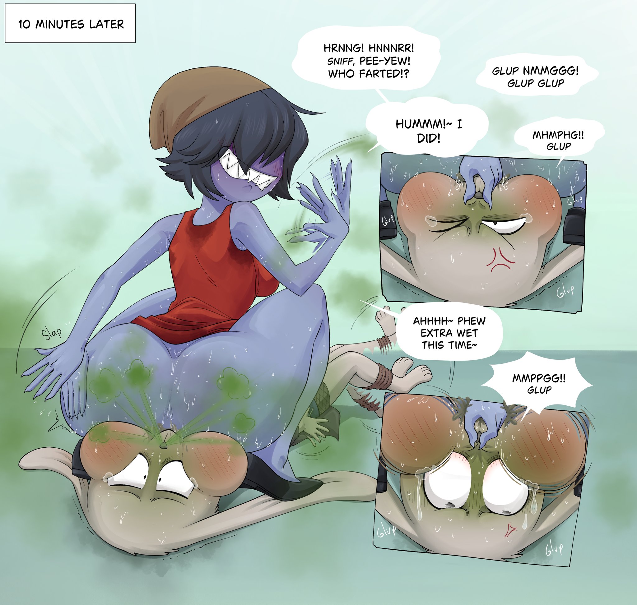 2girls, angry, anthro, ass, big breasts, blank eyes, blank stare, breasts, canecoum, crying, crying with eyes open, degradation, dirty ass, disgusted, eating farts, facesitting, fart, fart fetish, fart in mouth, fart torture, farting, farting in face, farting in mouth, farting on another, farting on face, farts, feeding farts, female, forced, gulp, gulping, hair covering eyes, humiliation, licking, licking ass, long ears, mouth fart, mouthful, overwhelmed, purple skin, sitting on face, smile, smiling, stinky, stinky ass, suffering, swallowing, swallowing fart, sweaty, sweaty ass, sweaty body, tears, tied up, torture, unable to escape, unable to move, wet fart