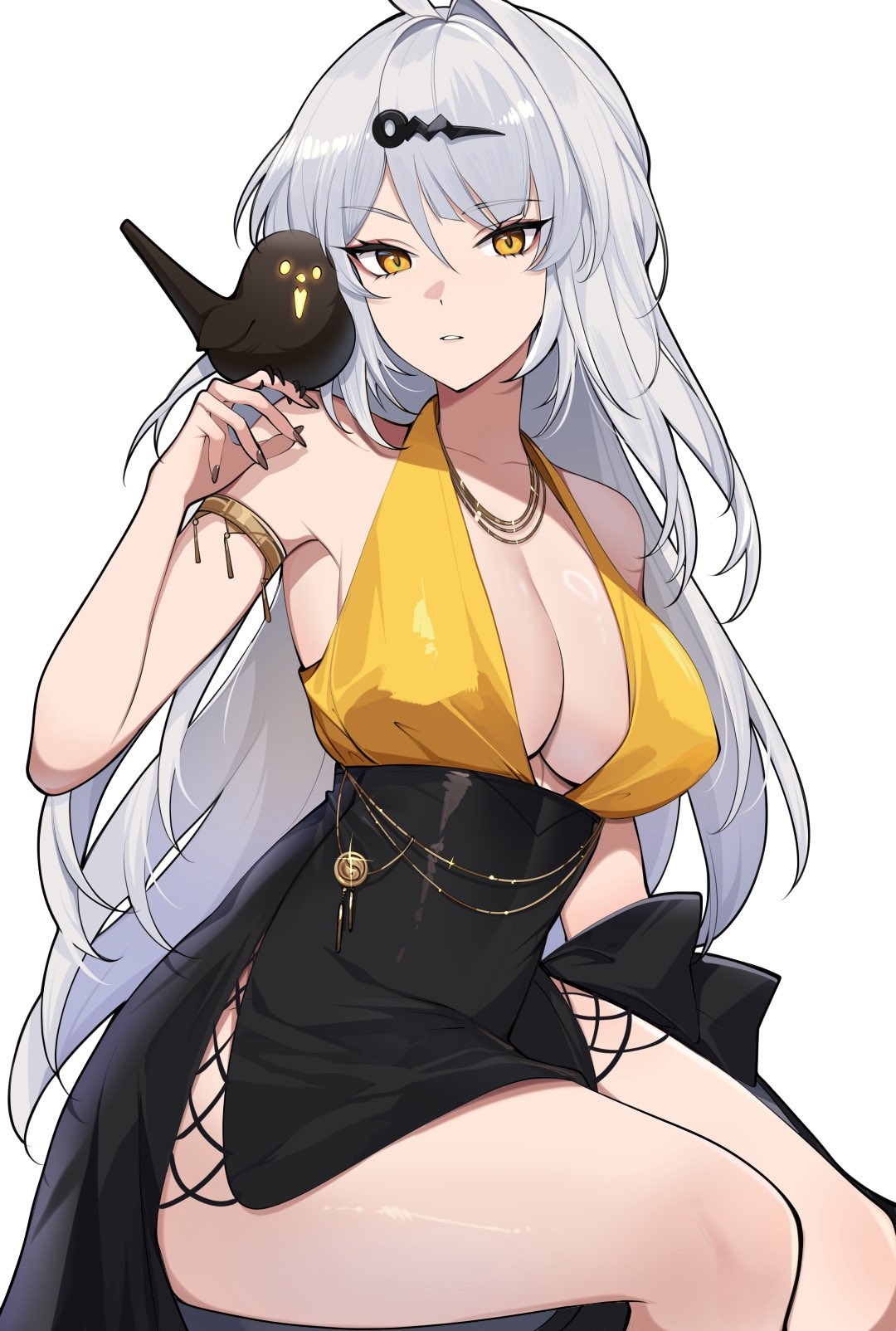 alternate costume, animal on shoulder, bird, bird on shoulder, black skin, breasts, collarbone, colored skin, commentary, female, hair ornament, hairclip, halterneck, high-waist skirt, highres, jewelry, large breasts, looking at viewer, necklace, rohioart, simple background, skirt, solo, symbol-only commentary, white background, white hair, yellow eyes, yixuan (zenless zone zero), zenless zone zero