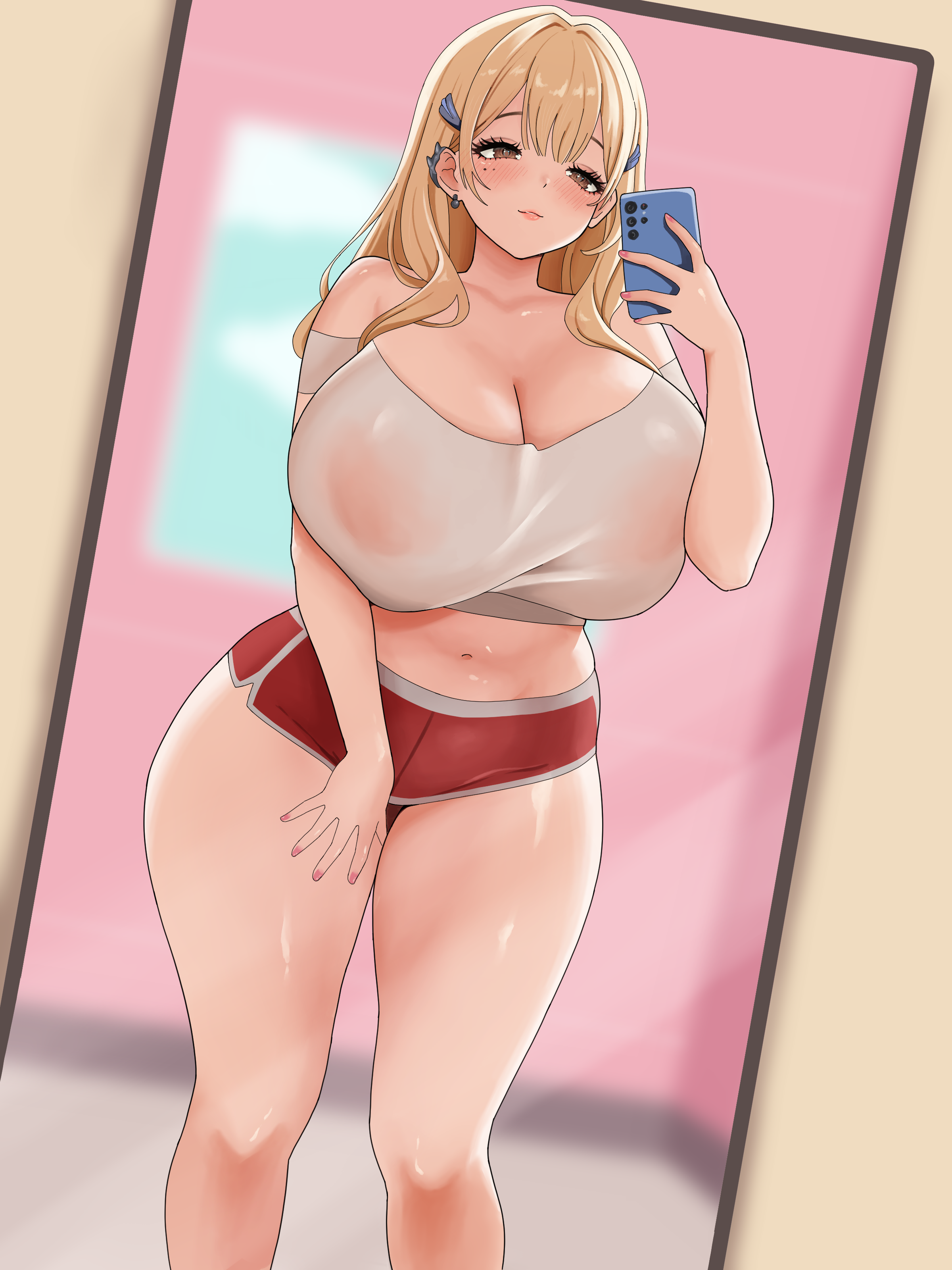 absurdres, bidulite, blonde hair, blush, breasts, brown eyes, cowboy shot, curvy, female, goddess of victory: nikke, highres, holding, holding phone, huge breasts, indoors, long hair, mirror, mirror selfie, mole, mole under eye, nail polish, navel, official alternate costume, phone, pink nails, red shorts, selfie, shirt, shorts, solo, thick thighs, thighs, tia (nikke), tia (sweet chef) (nikke), white shirt