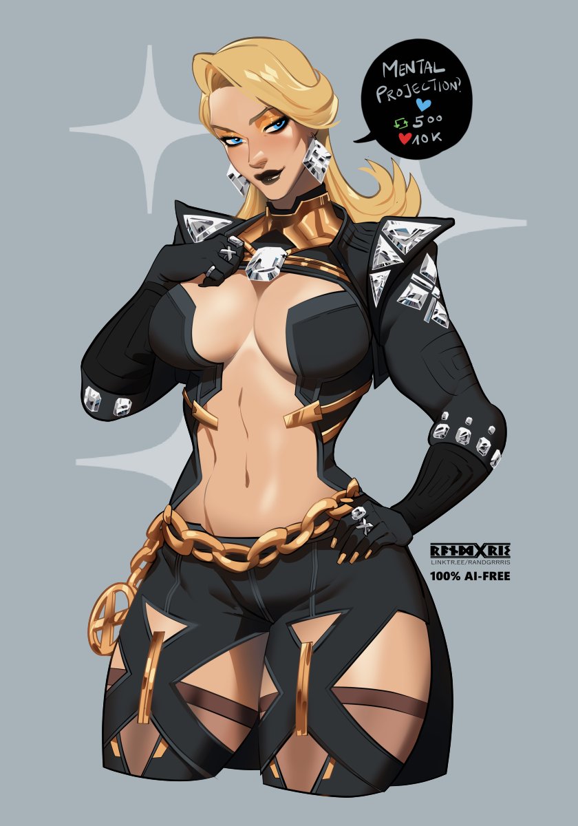 1girls, 2d, belly button, big breasts, black lipstick, blonde eyebrows, blonde female, blonde hair, blue eyes, boots, breasts, closed mouth, closed mouth smile, clothed, earrings, emma frost, emma frost (marvel rivals), emma frost (x-revolution), english text, eyebrows, eyeshadow, female, female focus, female only, fully clothed, gold eyeshadow, gray background, hand on hip, hand up, light skin, light-skinned female, marvel, marvel comics, marvel rivals, mature, mature female, milf, no bra, plain background, randgris, randgrrris, simple background, smile, smiling, solo, solo female, solo focus, text, thick legs, thighs